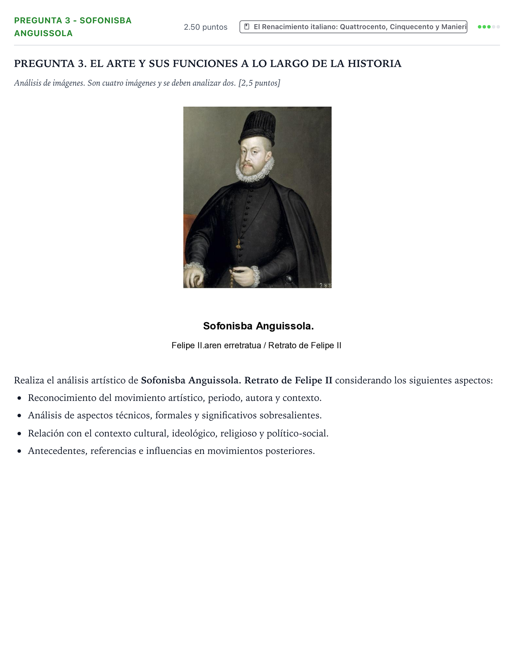 Enunciado: Pregunta 3 - Sofonisba Anguissola · Historia del Arte PAU País Vasco Extraordinaria 2025