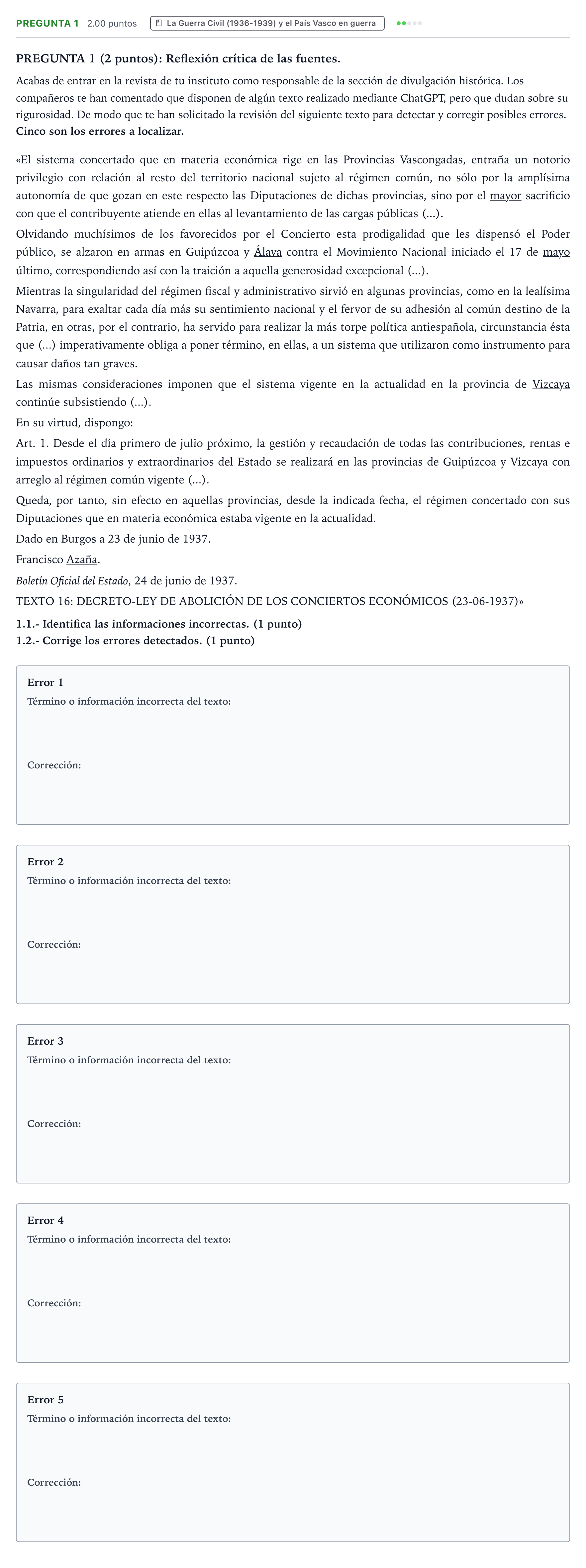 Enunciado: Pregunta 1 · Historia de España PAU País Vasco Extraordinaria 2025