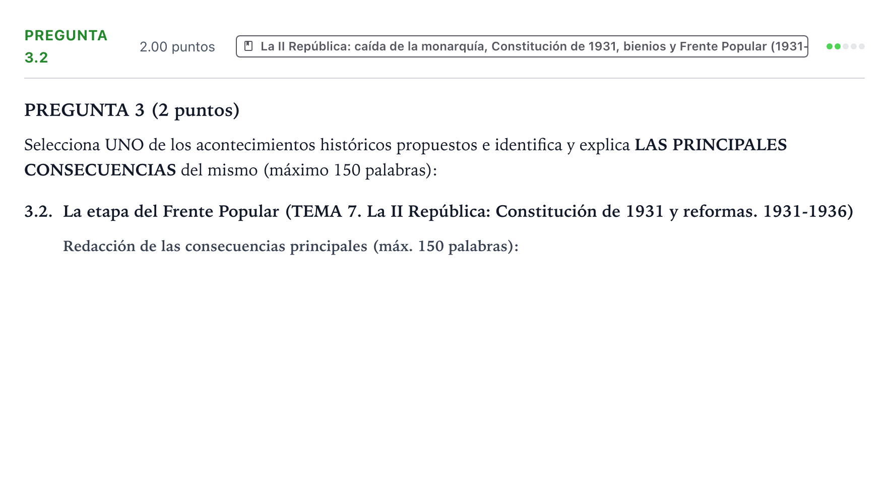 Enunciado: Pregunta 3.2 · Historia de España PAU País Vasco Extraordinaria 2025