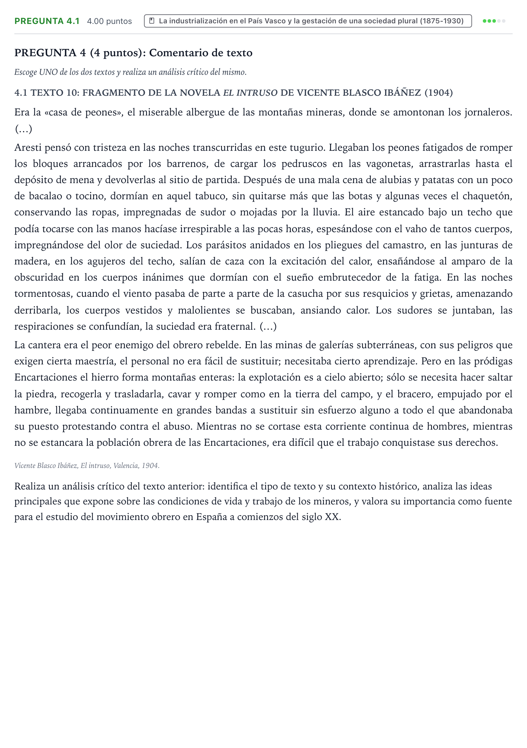 Enunciado: Pregunta 4.1 · Historia de España PAU País Vasco Extraordinaria 2025