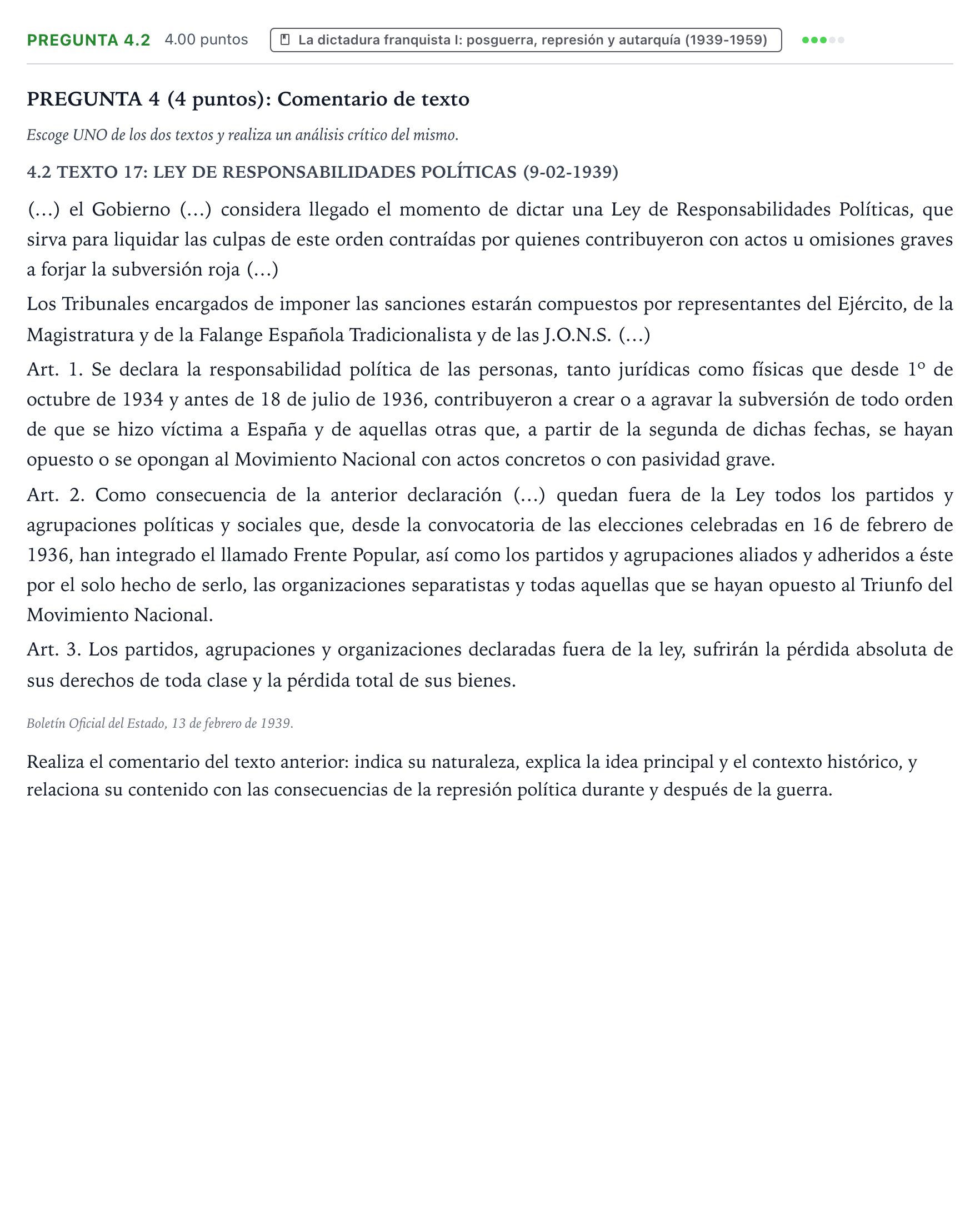 Enunciado: Pregunta 4.2 · Historia de España PAU País Vasco Extraordinaria 2025