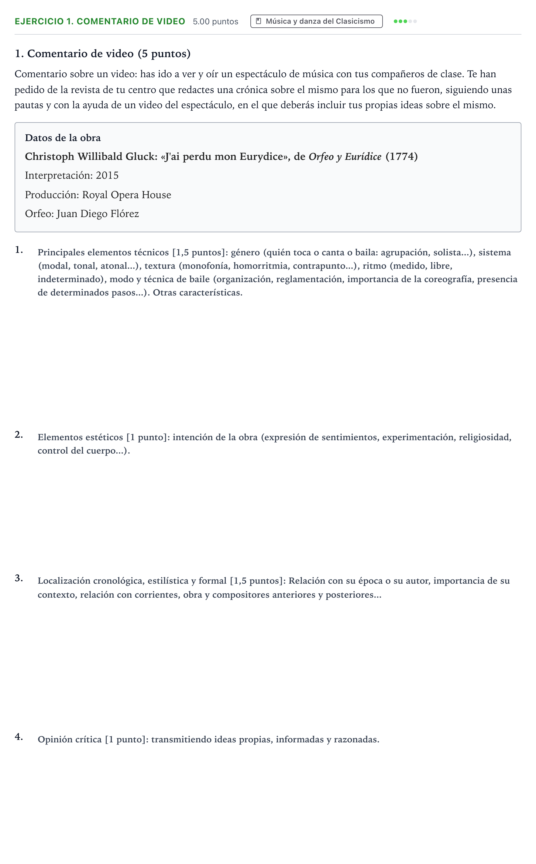 Enunciado: Ejercicio 1. Comentario de video · Historia de la Música y de la Danza PAU País Vasco Ordinaria 2025
