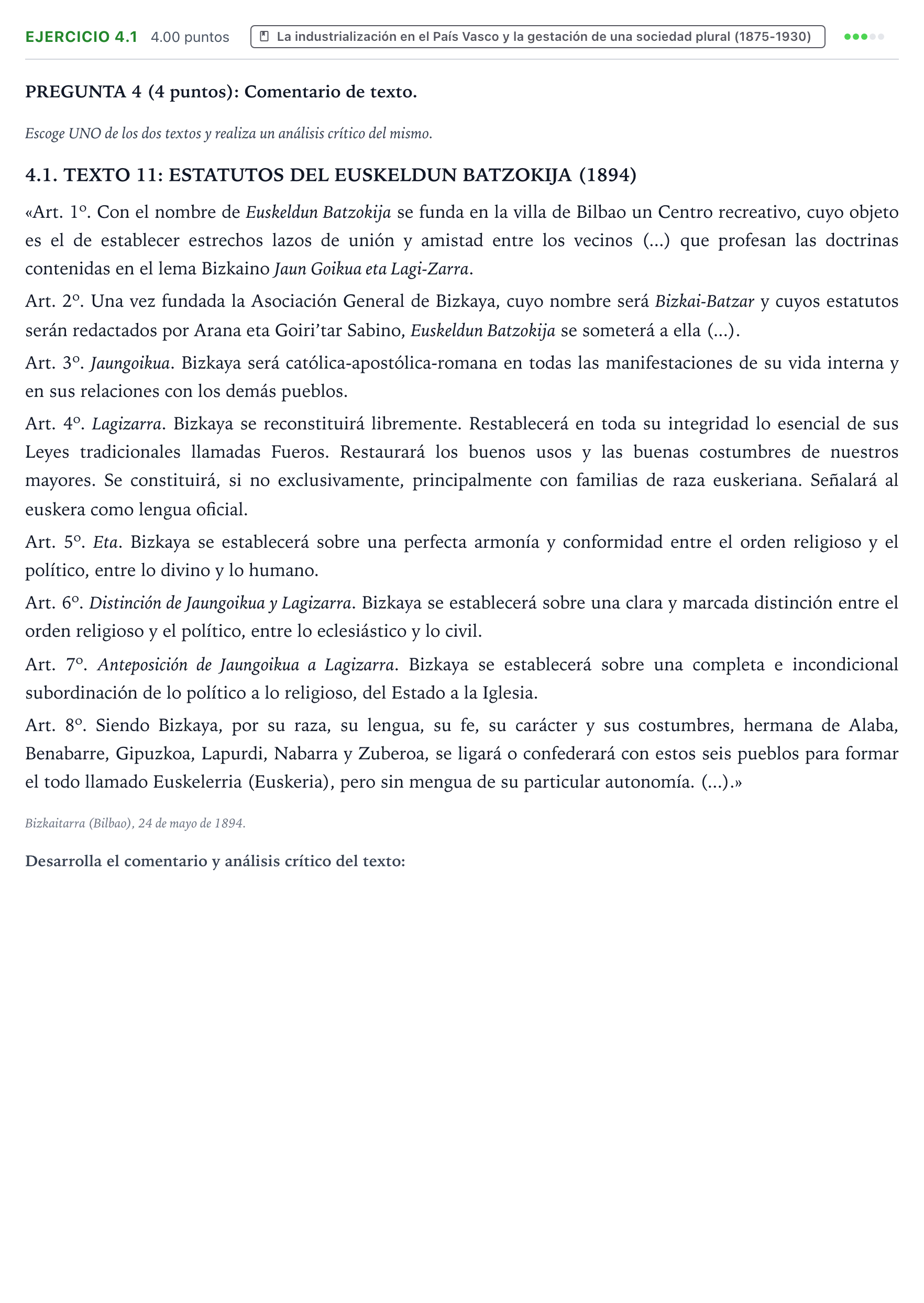 Enunciado: Ejercicio 4.1 · Historia de España PAU País Vasco Ordinaria 2025