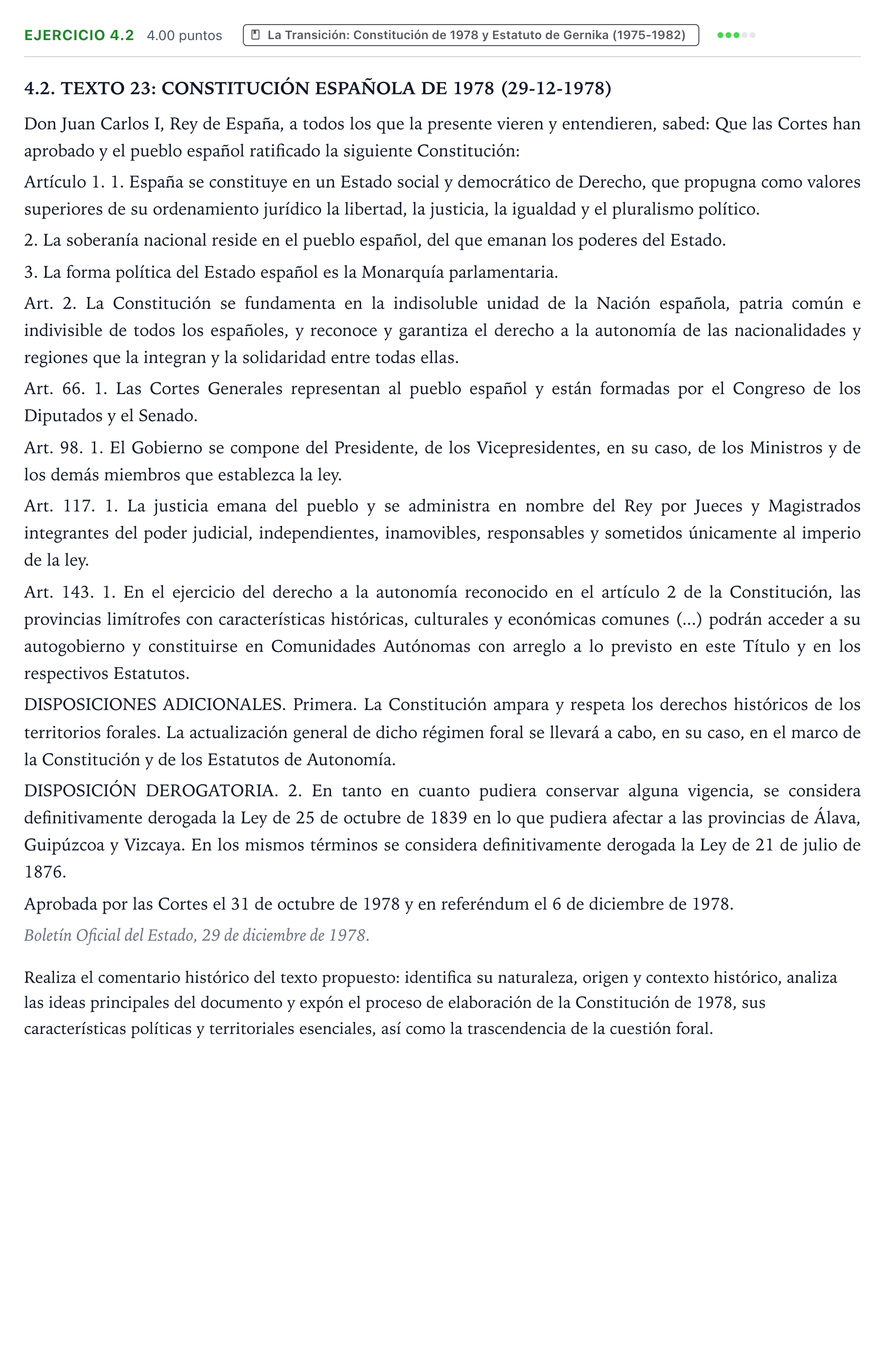 Enunciado: Ejercicio 4.2 · Historia de España PAU País Vasco Ordinaria 2025