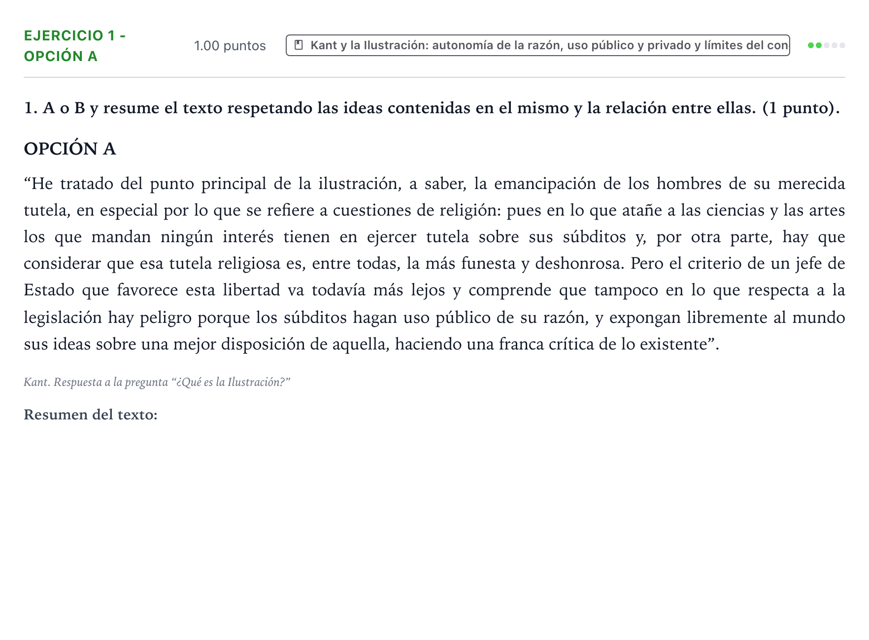 Enunciado: Ejercicio 1 - Opción A · Historia de la Filosofía PAU País Vasco Ordinaria 2025