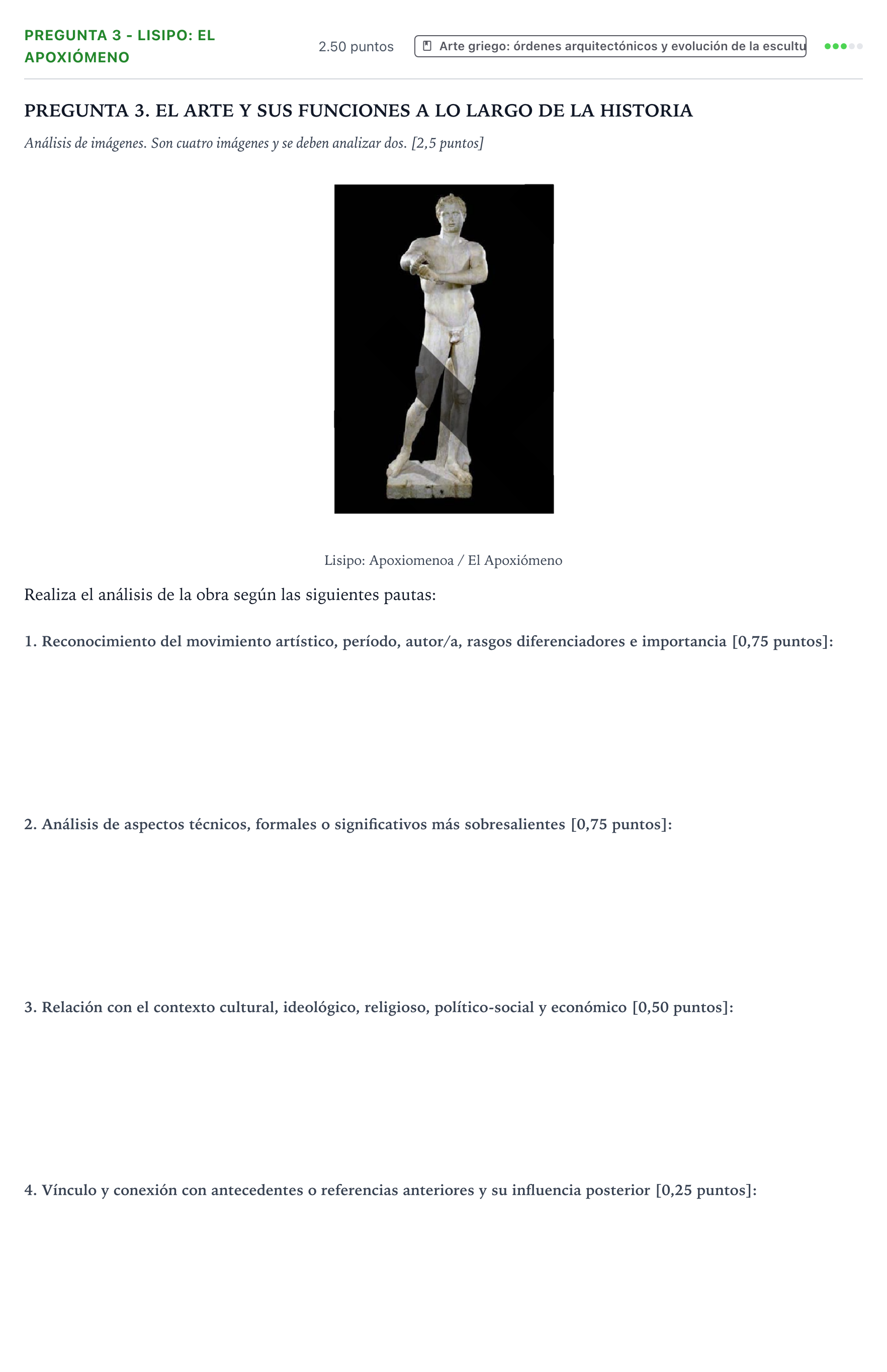 Enunciado: Pregunta 3 - Lisipo: El Apoxiómeno · Historia del Arte PAU País Vasco Ordinaria 2025