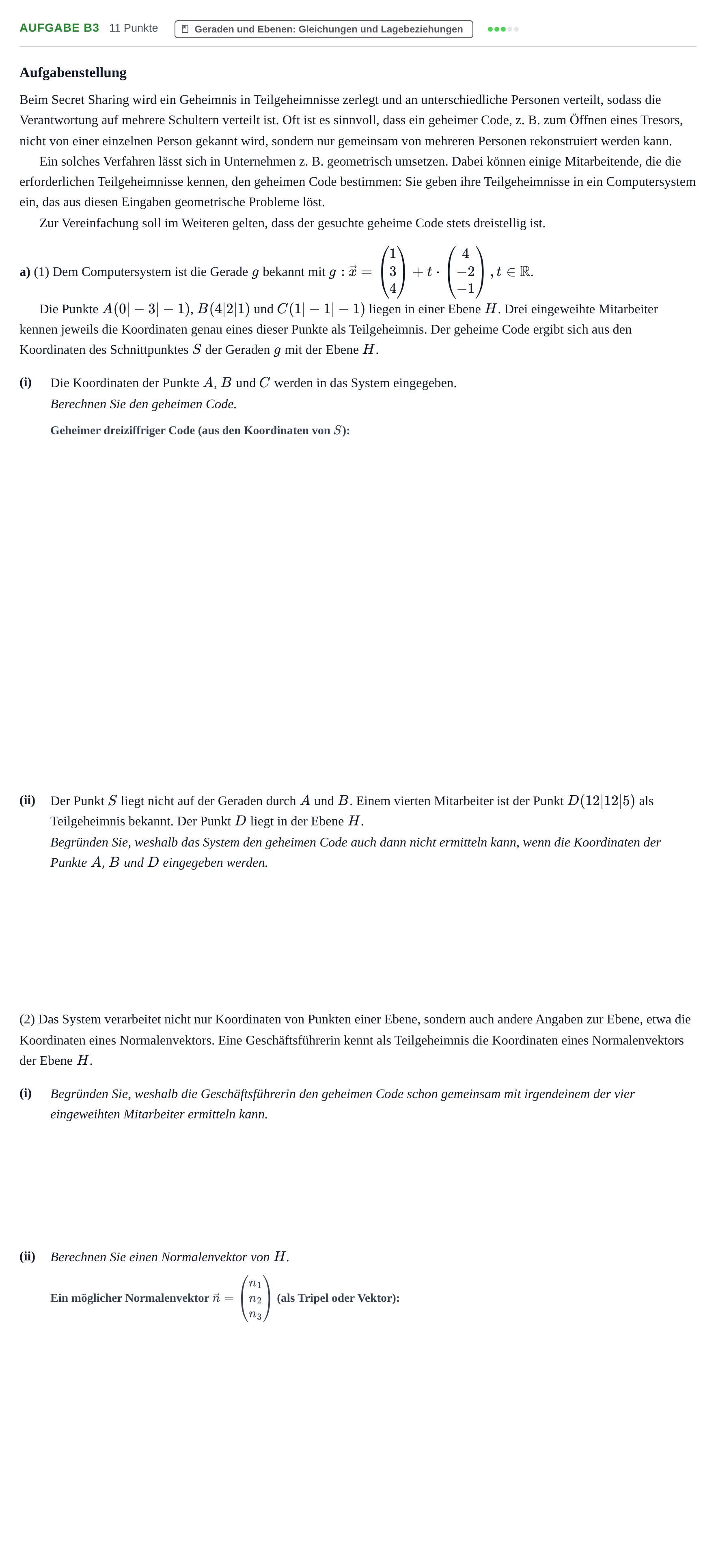 Aufgabenstellung: Aufgabe B3 - Geraden und Ebenen · Abitur NRW Mathematik LK · Haupttermin · CAS · Weiterbildungsk 2021