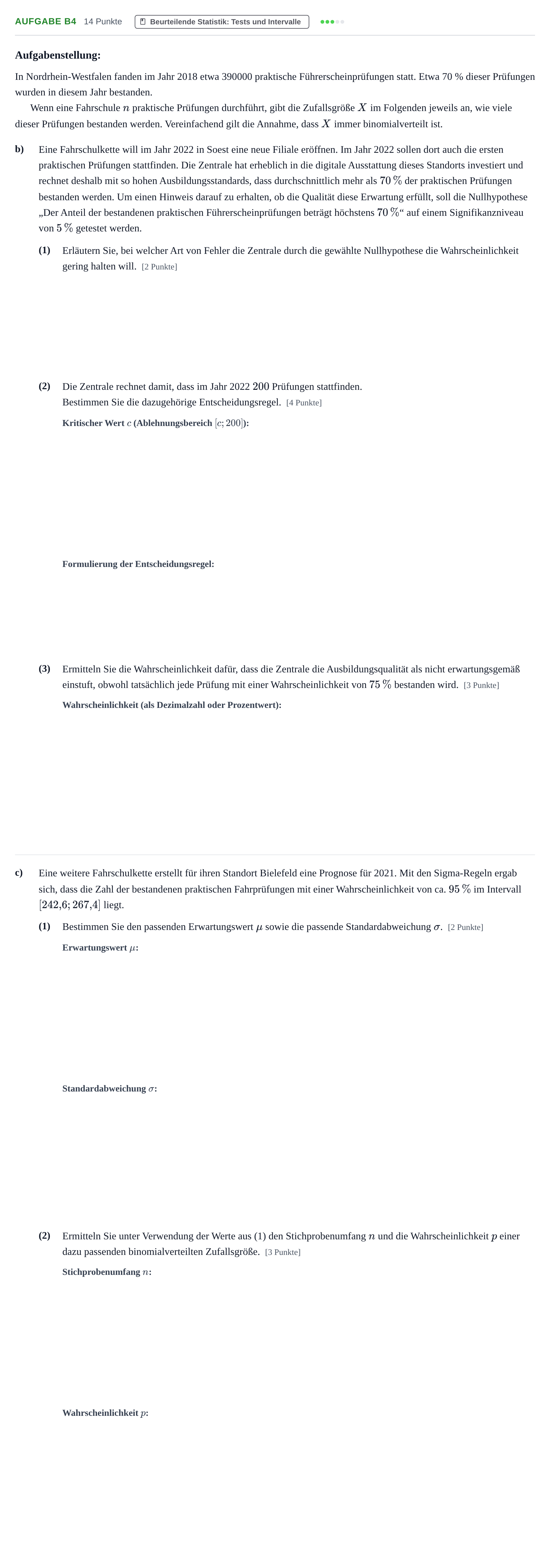 Aufgabenstellung: Aufgabe B4 - Beurteilende Statistik: Tests und In… · Abitur NRW Mathematik LK · Haupttermin · CAS · Weiterbildungsk 2021