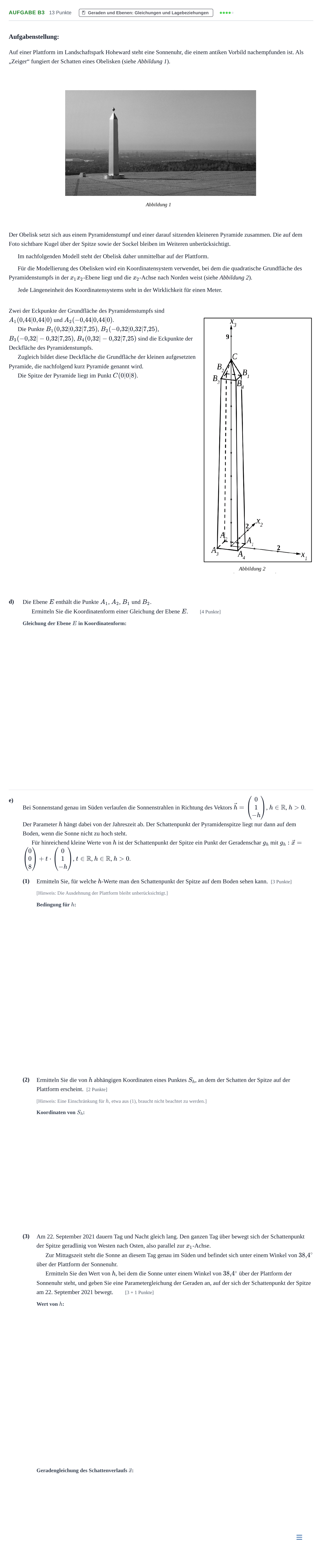 Aufgabenstellung: Aufgabe B3 - Geraden und Ebenen · Abitur NRW Mathematik LK · Haupttermin · CAS · Weiterbildungsk 2021