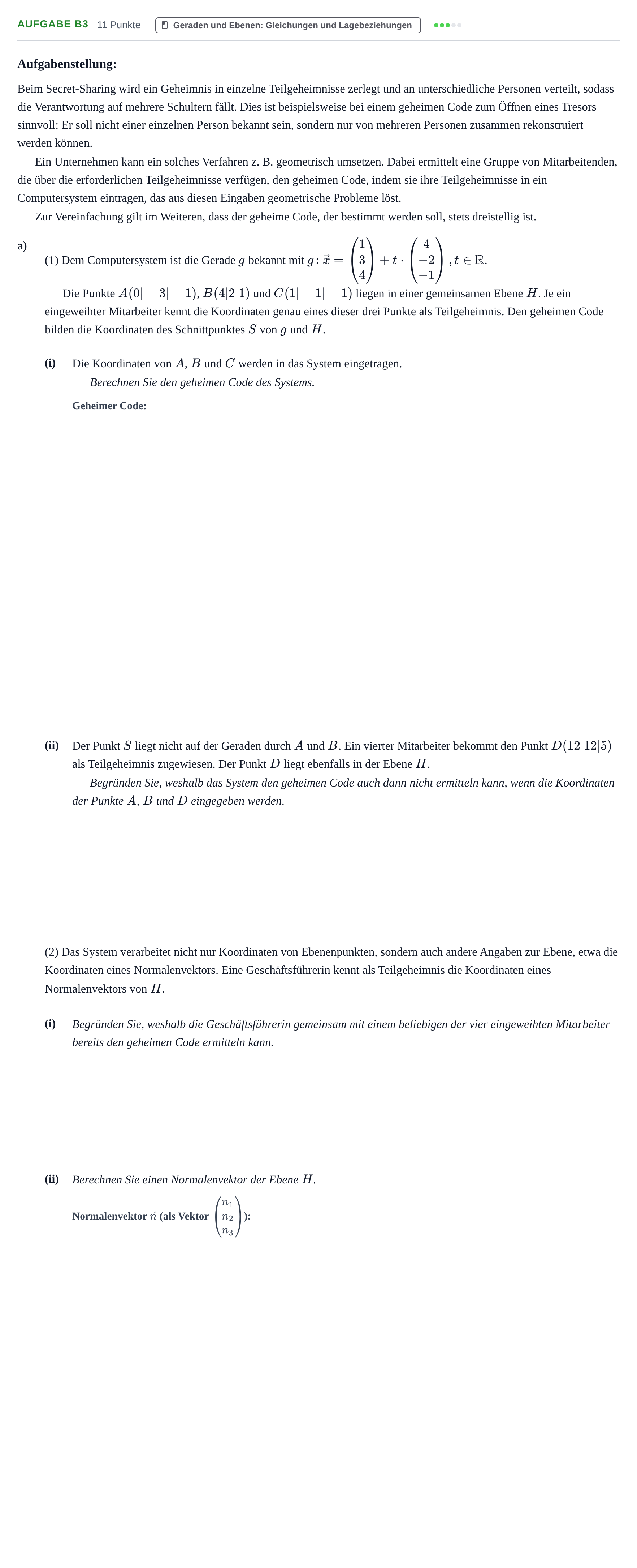 Aufgabenstellung: Aufgabe B3 - Geraden und Ebenen · Abitur NRW Mathematik LK · Haupttermin · GTR 2021