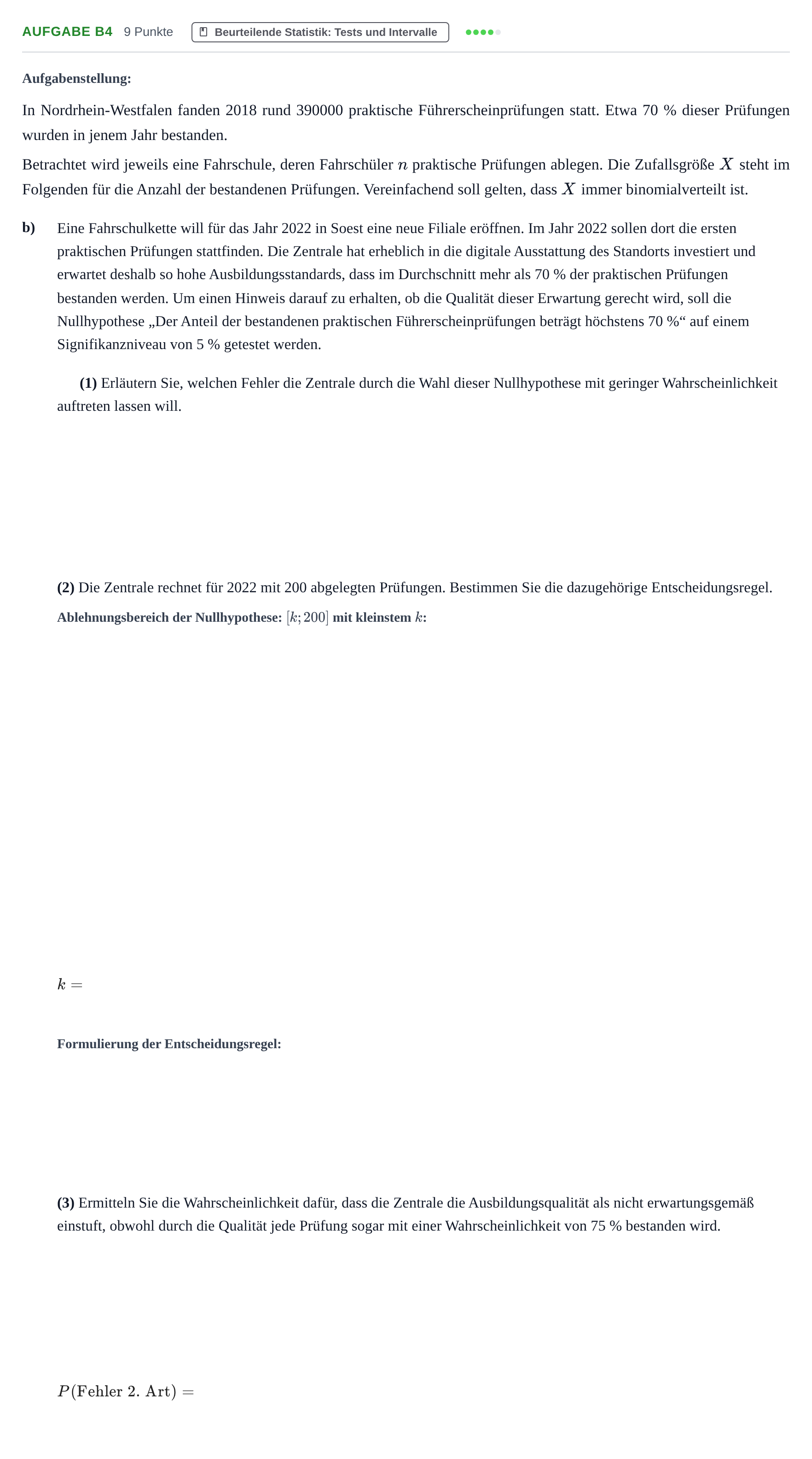 Aufgabenstellung: Aufgabe B4 - Beurteilende Statistik · Abitur NRW Mathematik LK · Haupttermin · GTR 2021