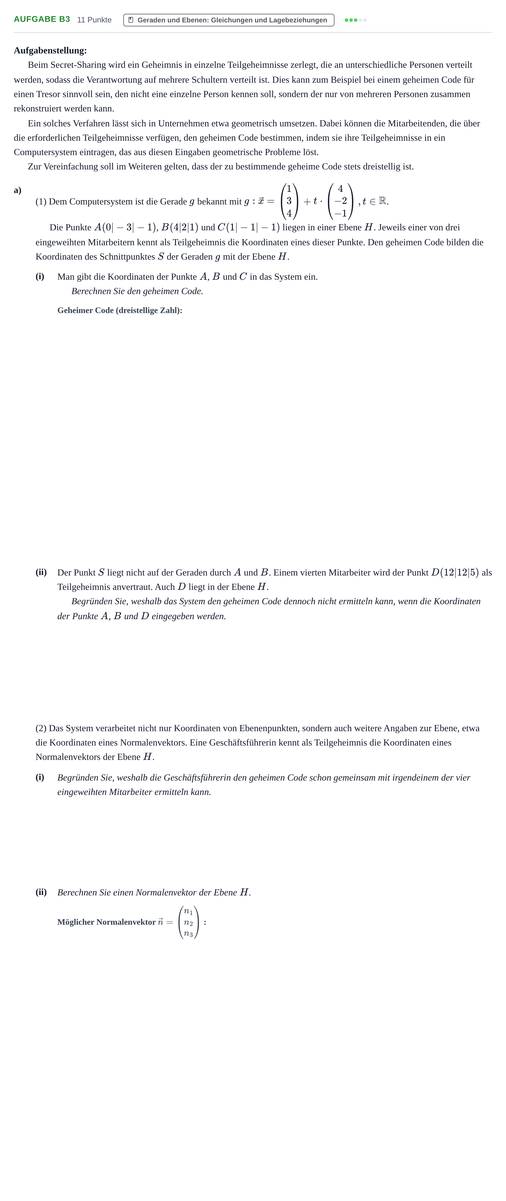 Aufgabenstellung: Aufgabe B3 - Geraden und Ebenen · Abitur NRW Mathematik LK · Haupttermin · GTR · Weiterbildungsk 2021