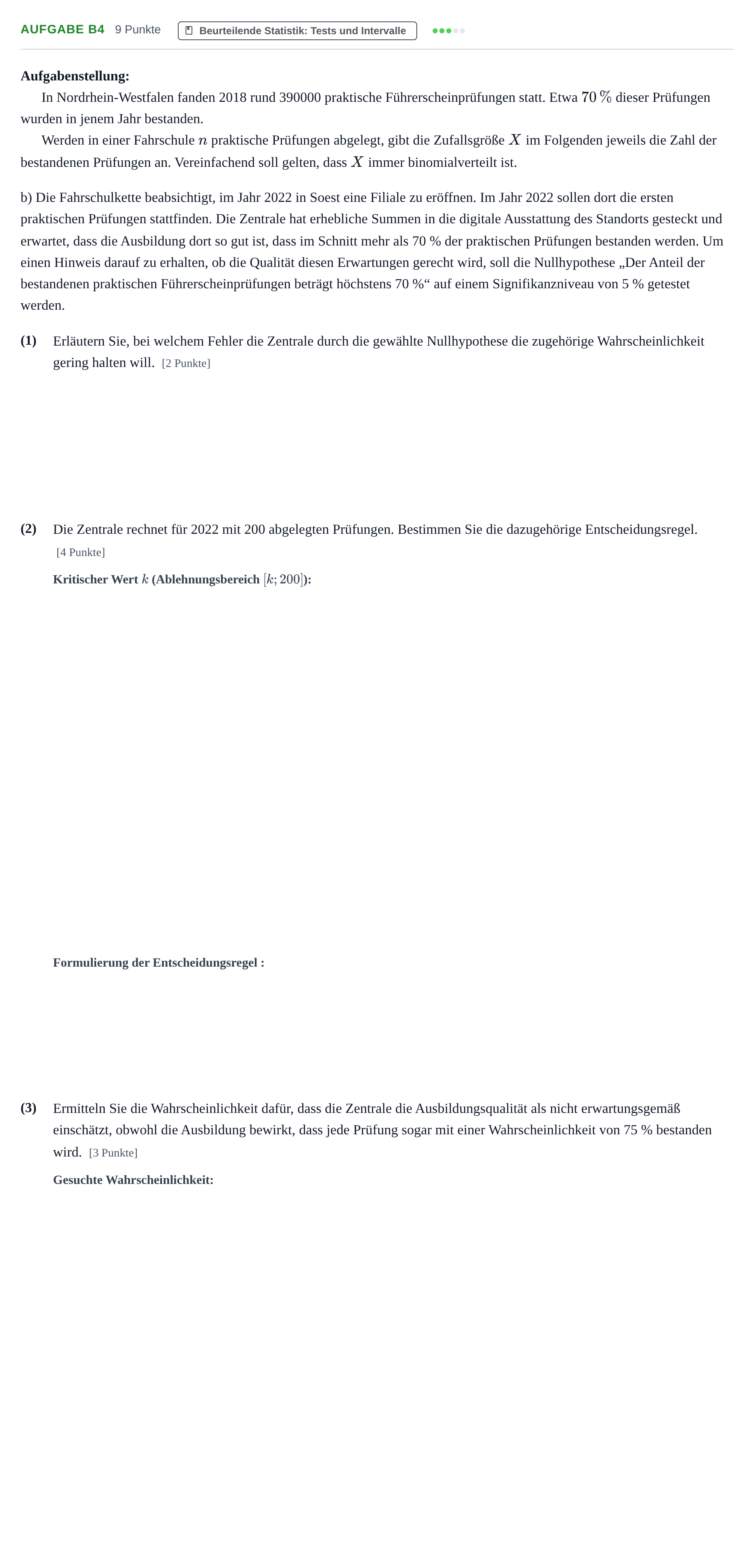 Aufgabenstellung: Aufgabe B4 - Beurteilende Statistik · Abitur NRW Mathematik LK · Haupttermin · GTR · Weiterbildungsk 2021