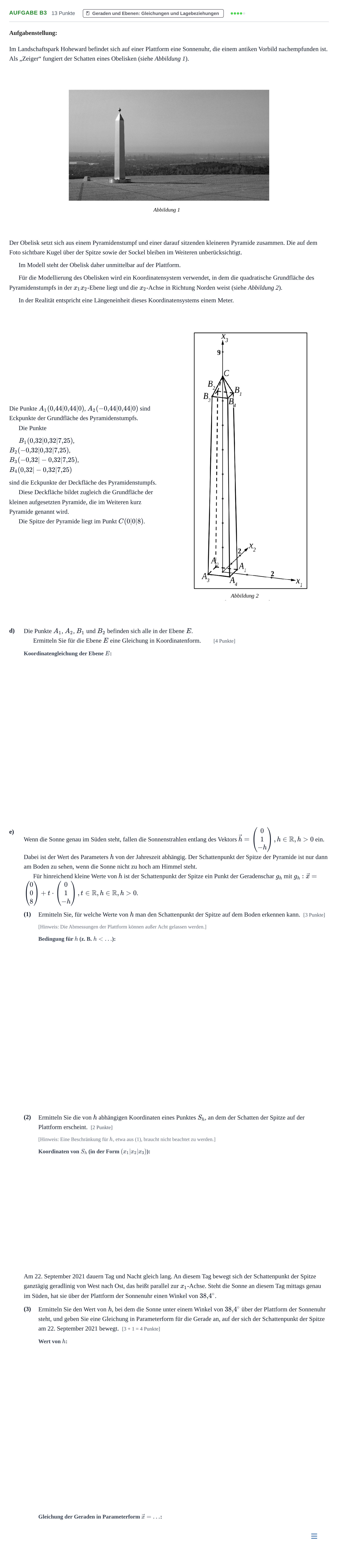 Aufgabenstellung: Aufgabe B3 - Geraden und Ebenen · Abitur NRW Mathematik LK · Haupttermin · GTR · Weiterbildungsk 2021