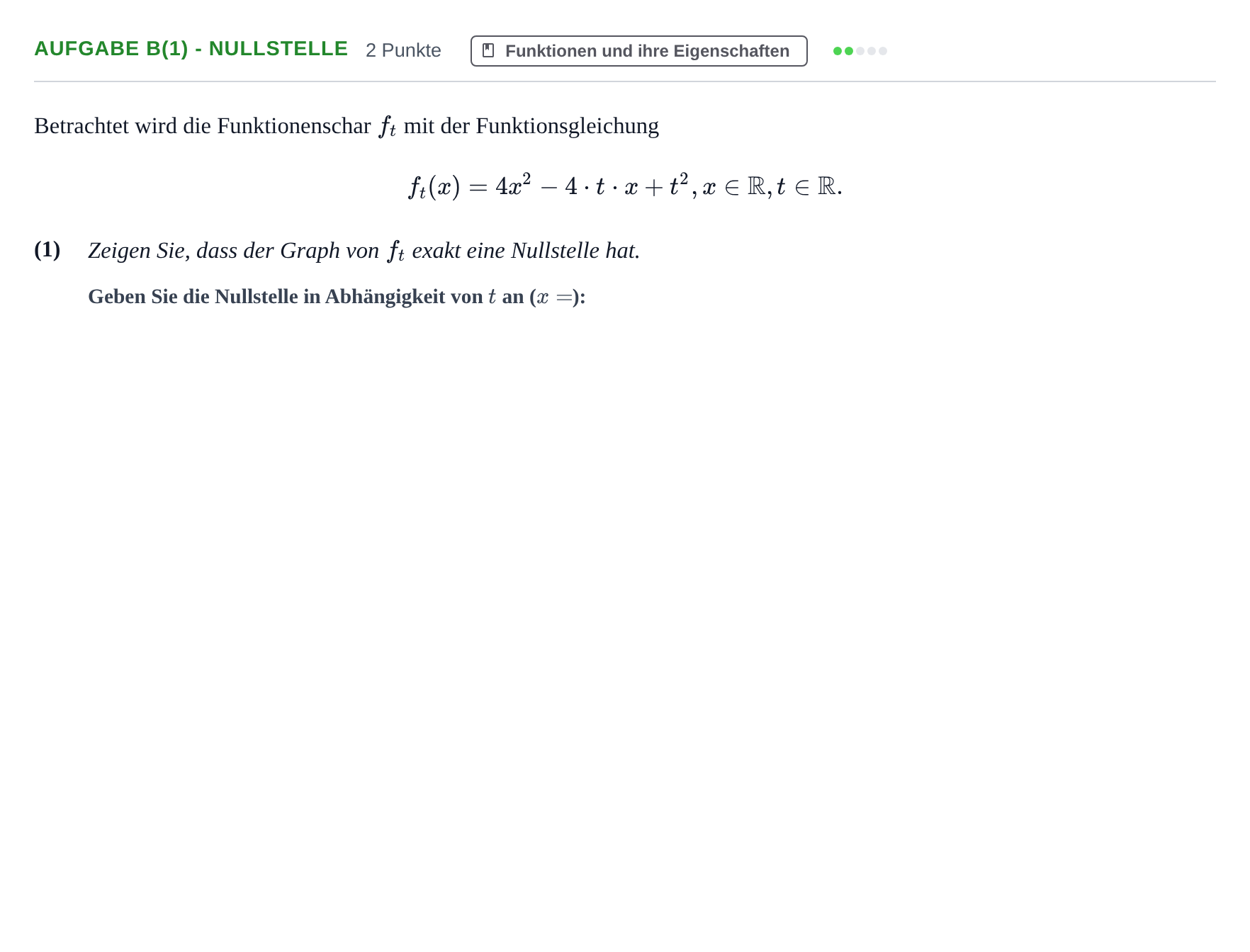 Aufgabenstellung: Aufgabe b(1) - Nullstelle · Abitur NRW Mathematik LK · Haupttermin · GTR · Weiterbildungsk 2021