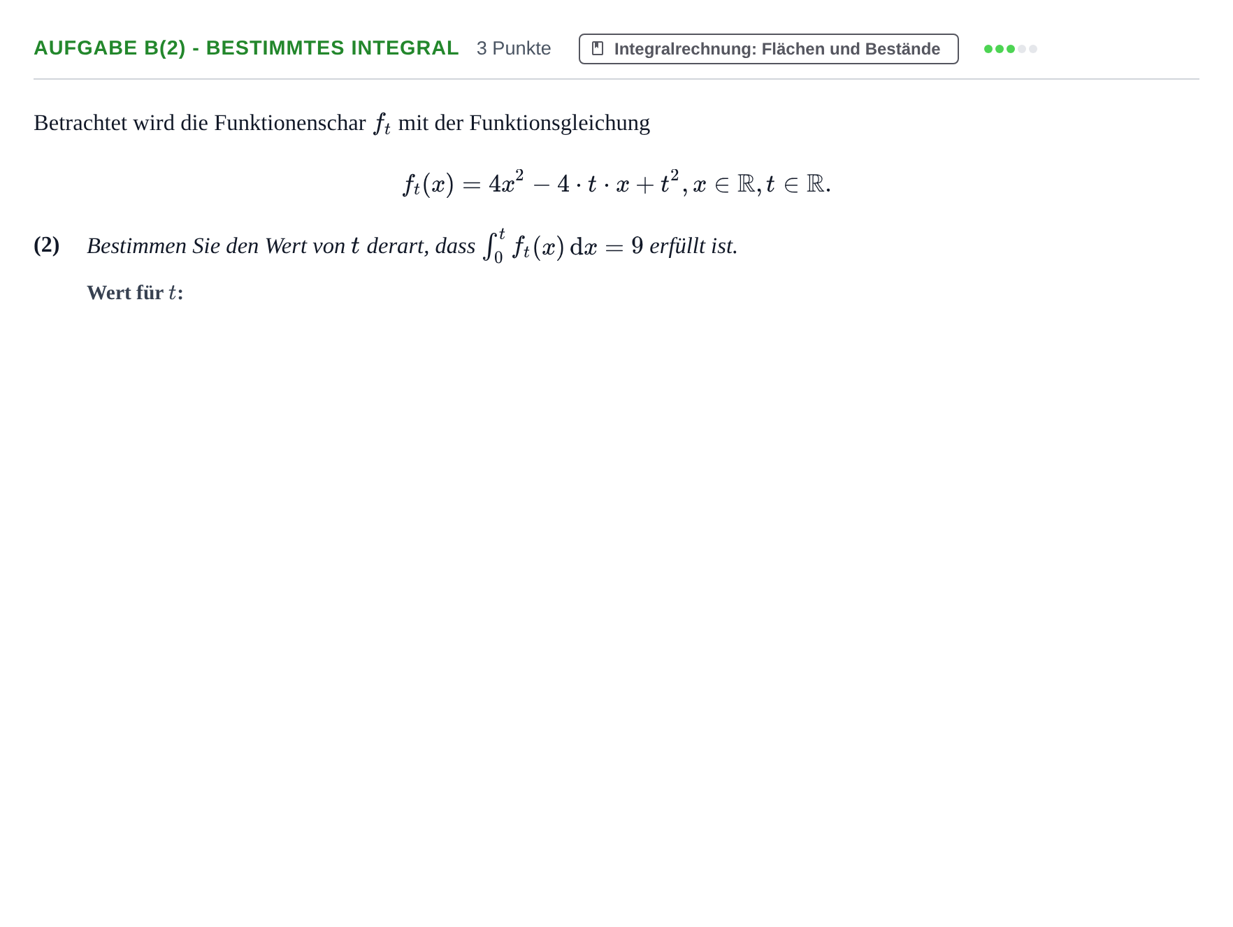 Aufgabenstellung: Aufgabe b(2) - Bestimmtes Integral · Abitur NRW Mathematik LK · Haupttermin · GTR · Weiterbildungsk 2021