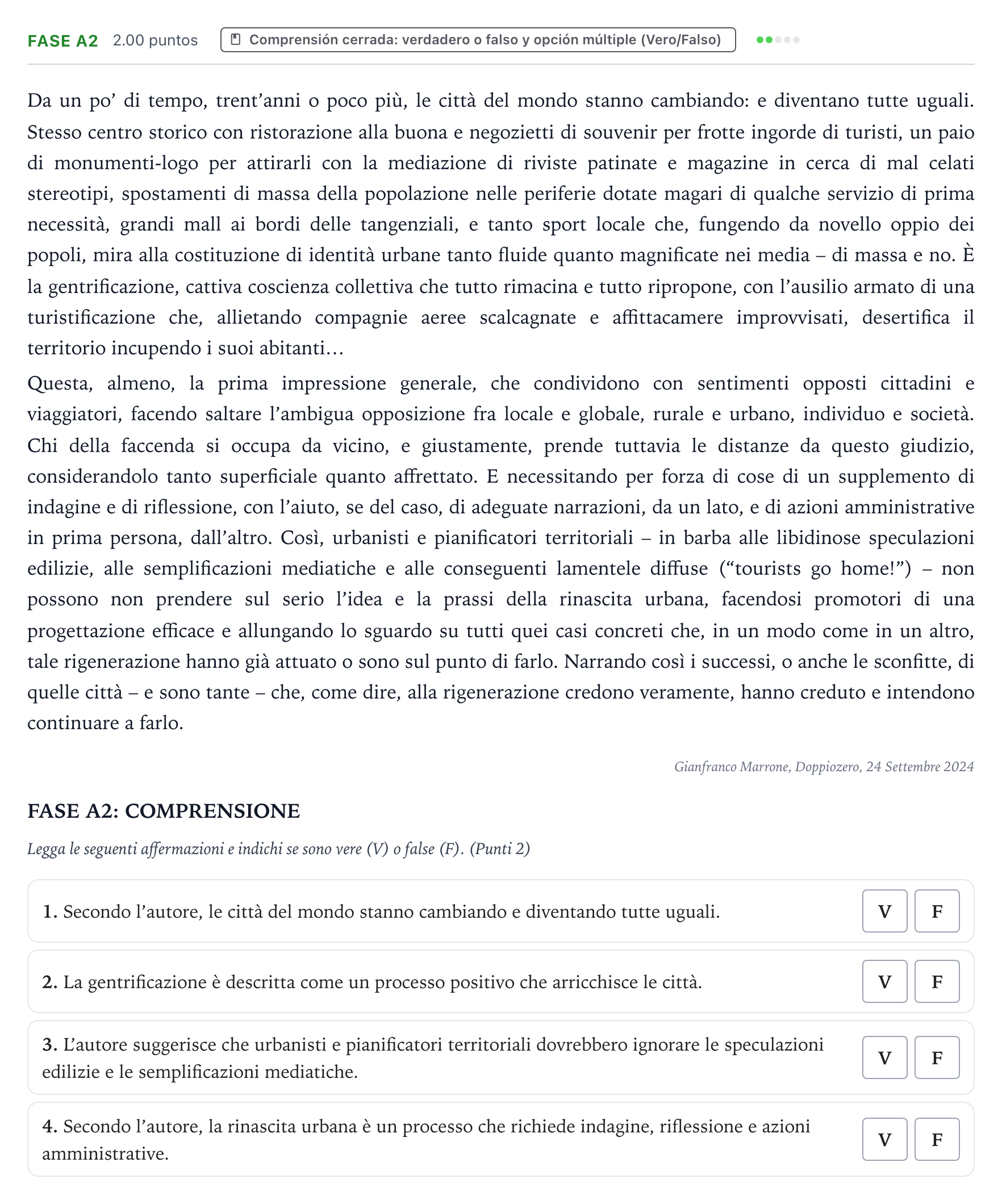 Enunciado: Ejercicio Fase A2 · Italiano PAU País Vasco Ordinaria 2025