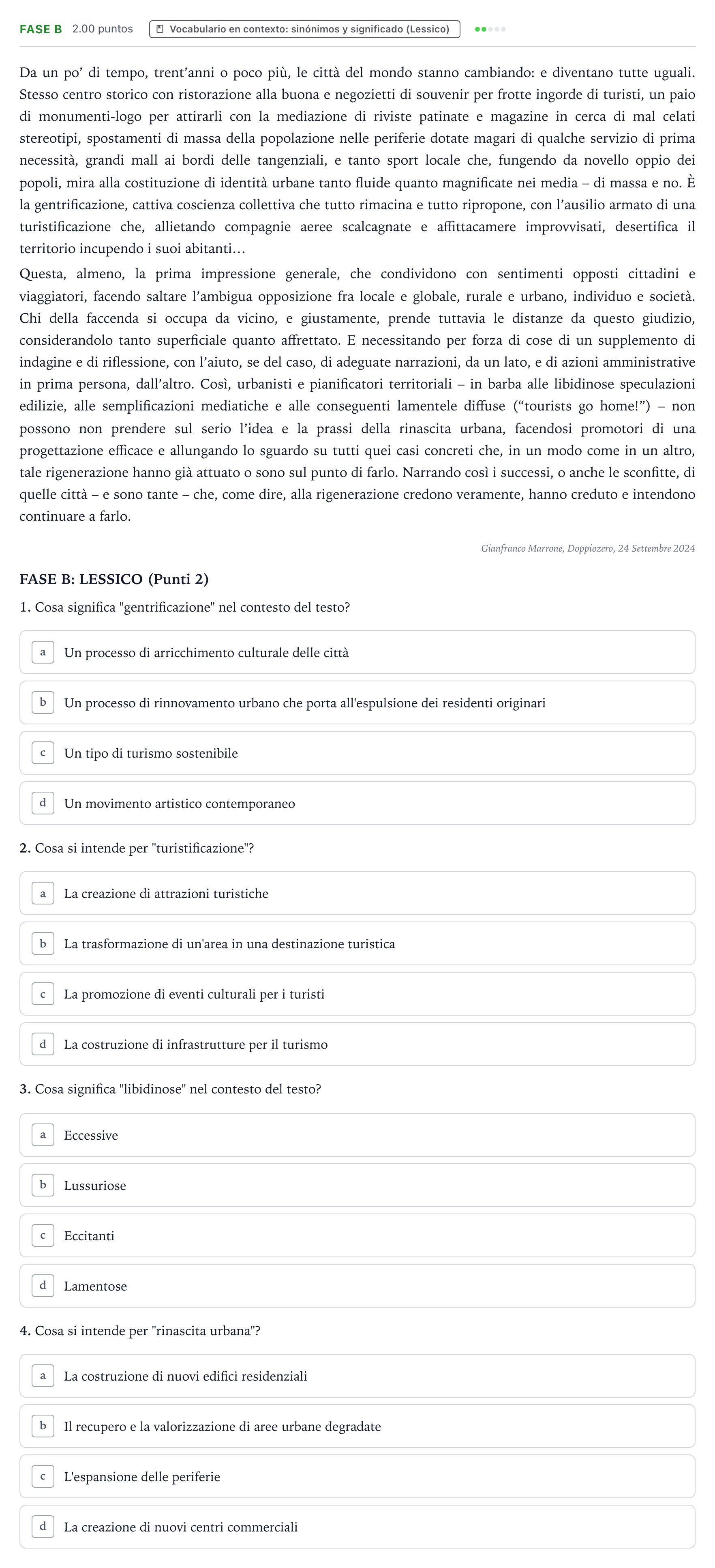 Enunciado: Ejercicio Fase B · Italiano PAU País Vasco Ordinaria 2025