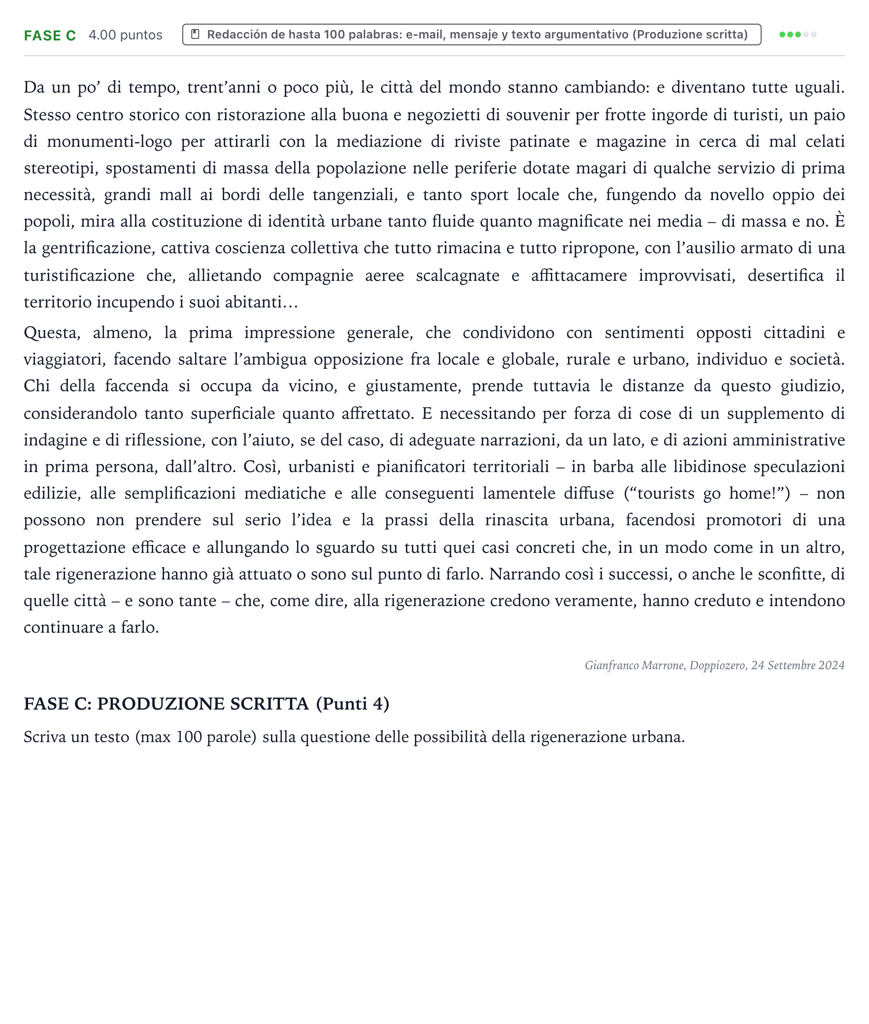 Enunciado: Ejercicio Fase C · Italiano PAU País Vasco Ordinaria 2025
