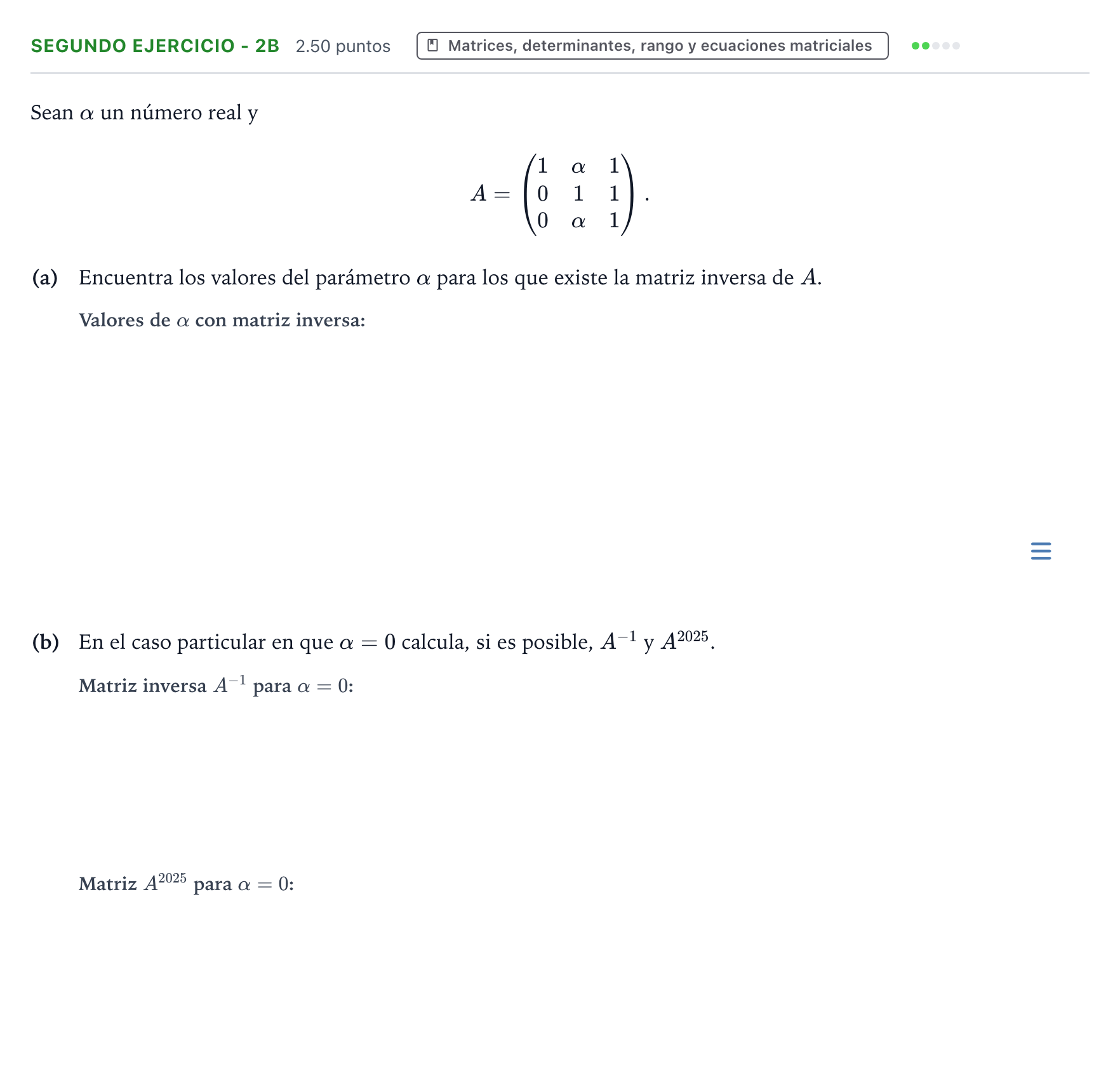 Enunciado: Ejercicio Segundo Ejercicio - 2B · Matemáticas II PAU País Vasco Extraordinaria 2025