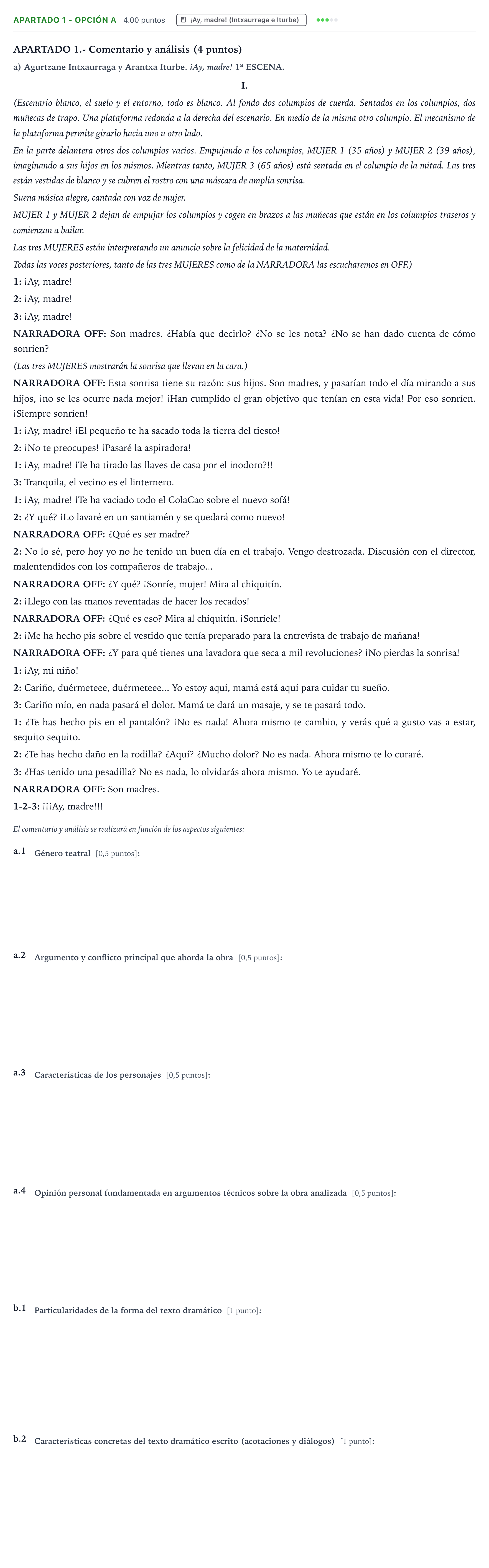 Enunciado: Apartado 1 - Opción a · Literatura Dramática PAU País Vasco Ordinaria 2025