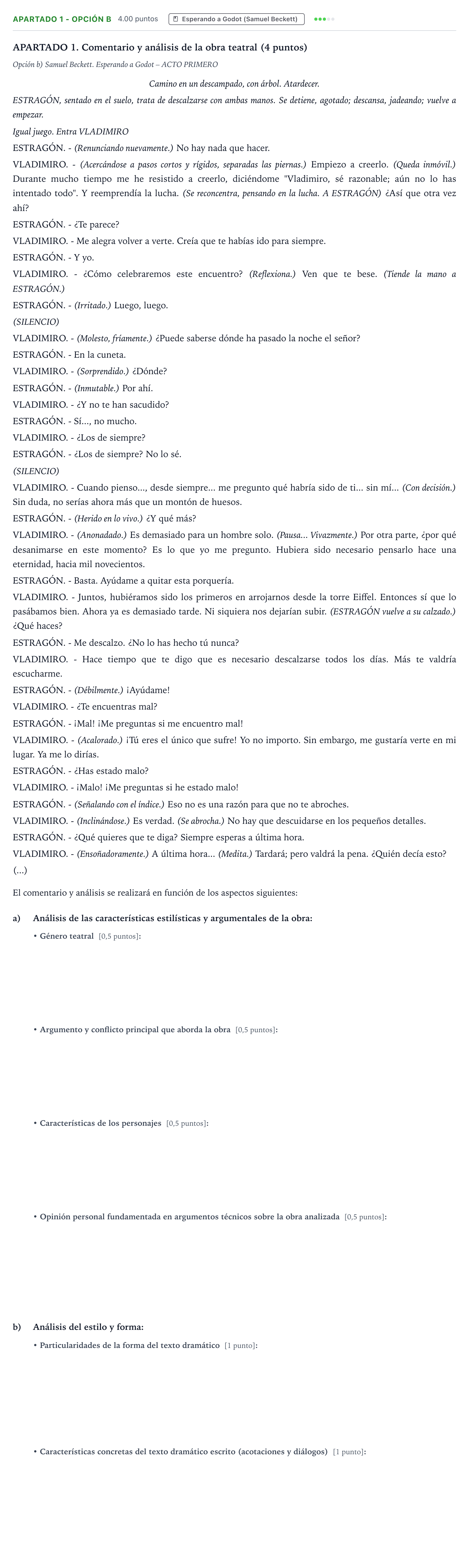 Enunciado: Apartado 1 - Opción b · Literatura Dramática PAU País Vasco Ordinaria 2025