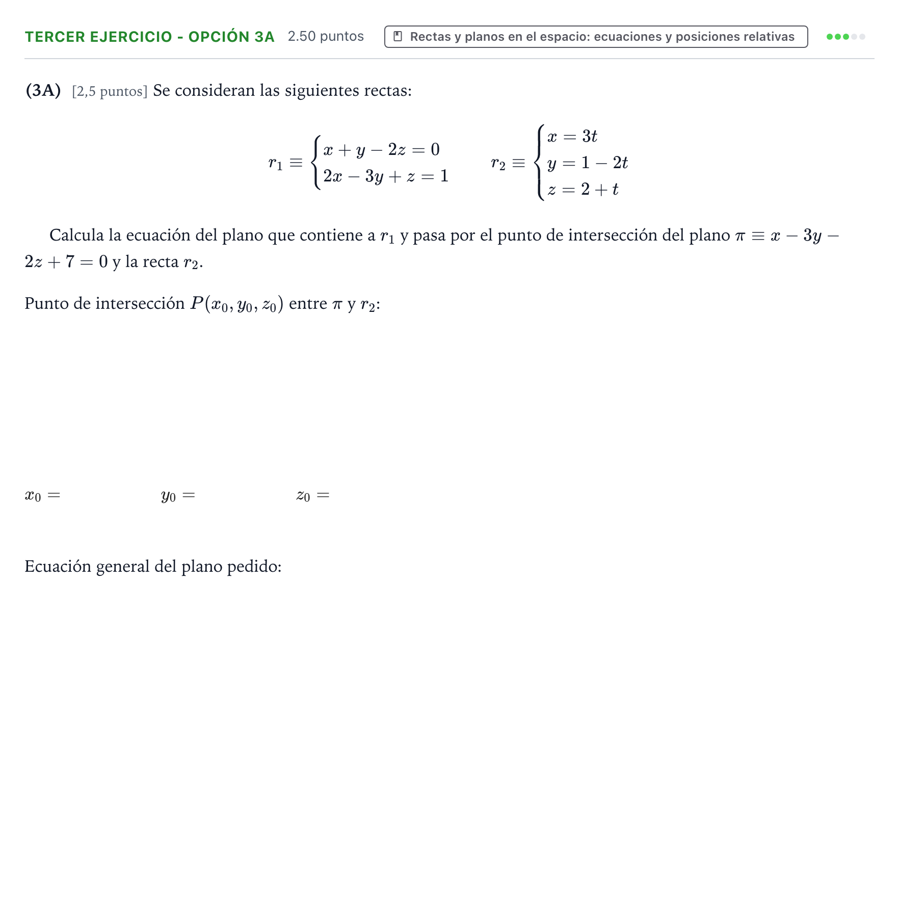 Enunciado: Ejercicio Tercer Ejercicio - Opción 3A · Matemáticas II PAU País Vasco Ordinaria 2025