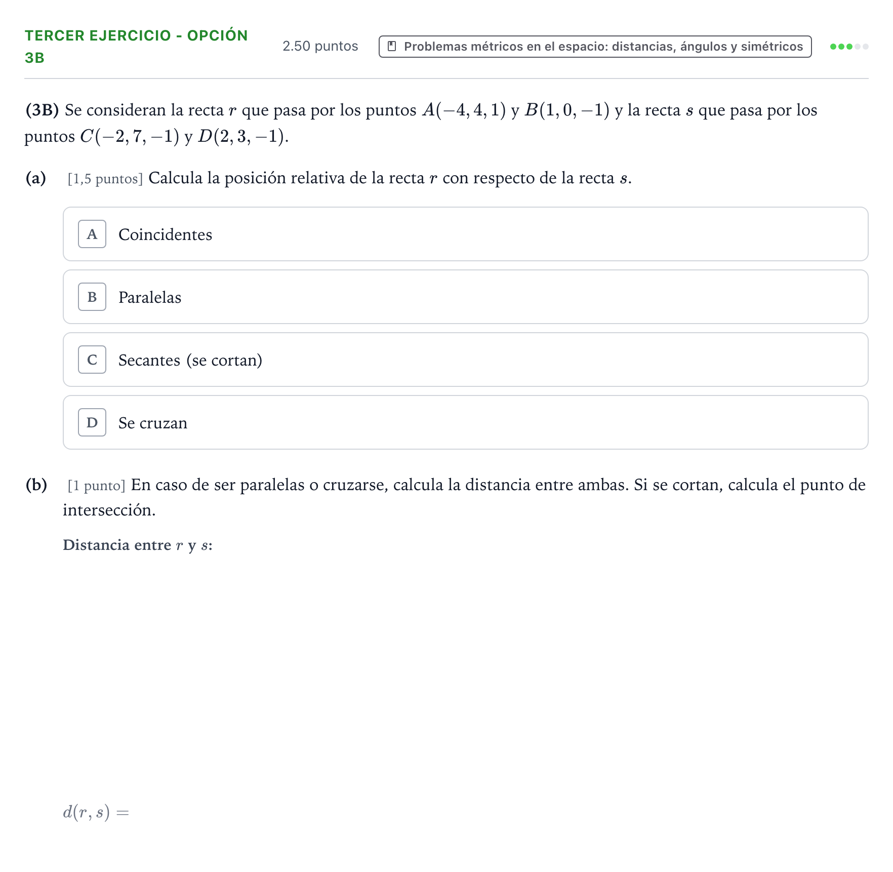 Enunciado: Ejercicio Tercer Ejercicio - Opción 3B · Matemáticas II PAU País Vasco Ordinaria 2025