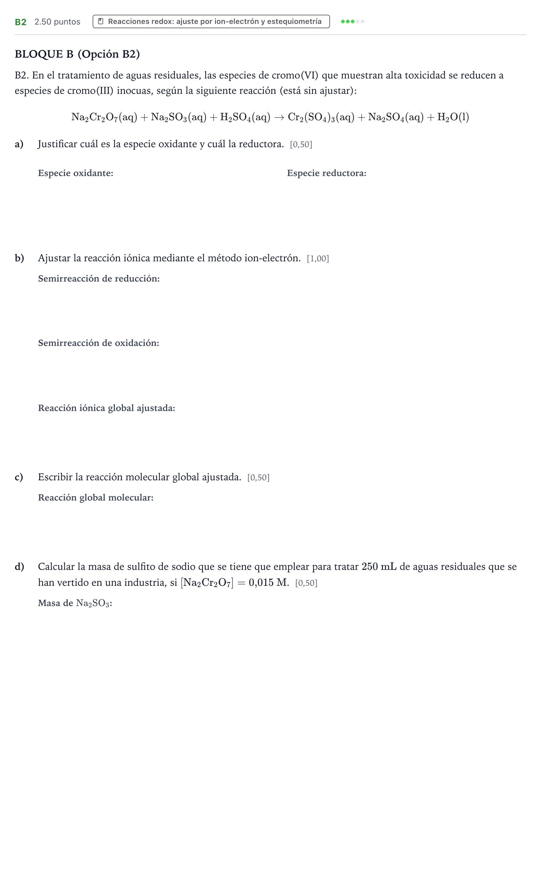 Enunciado: Ejercicio B2 · Química PAU País Vasco Extraordinaria 2025