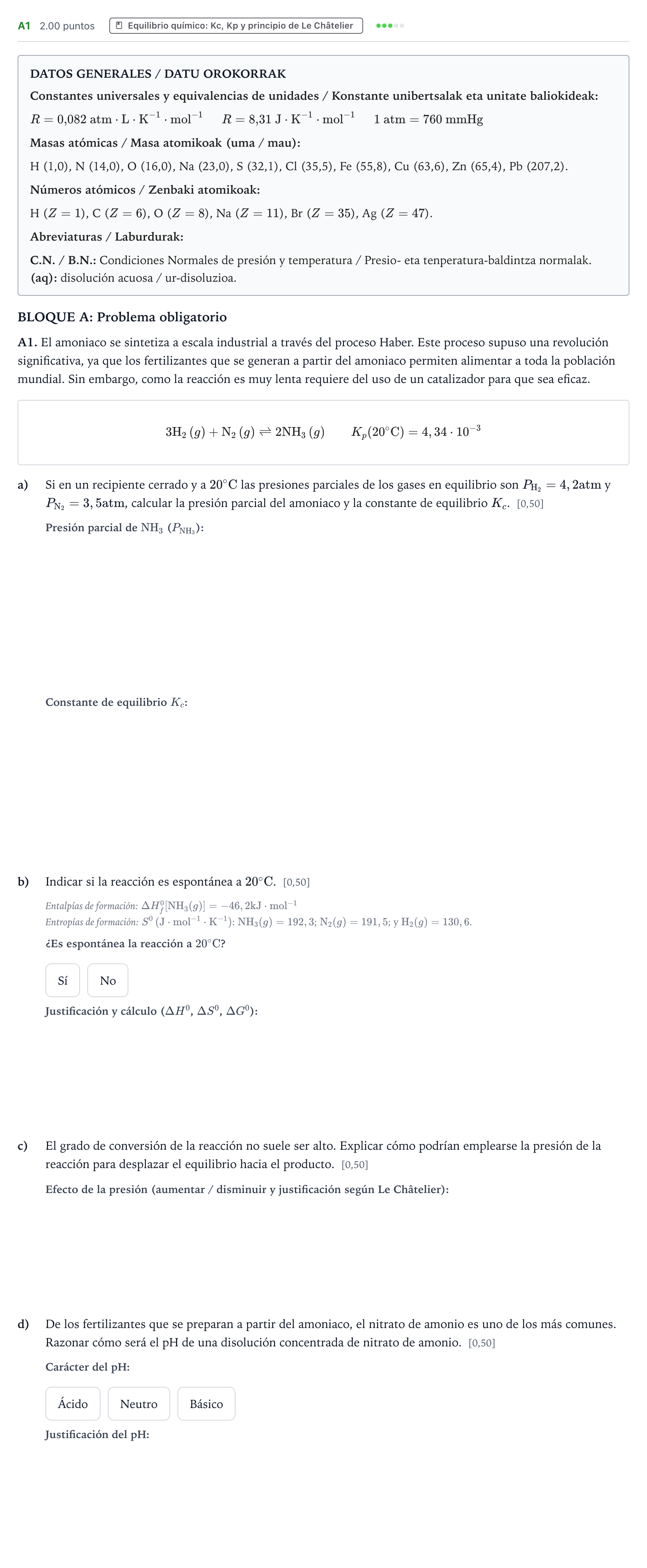 Enunciado: Ejercicio A1 · Química PAU País Vasco Ordinaria 2025