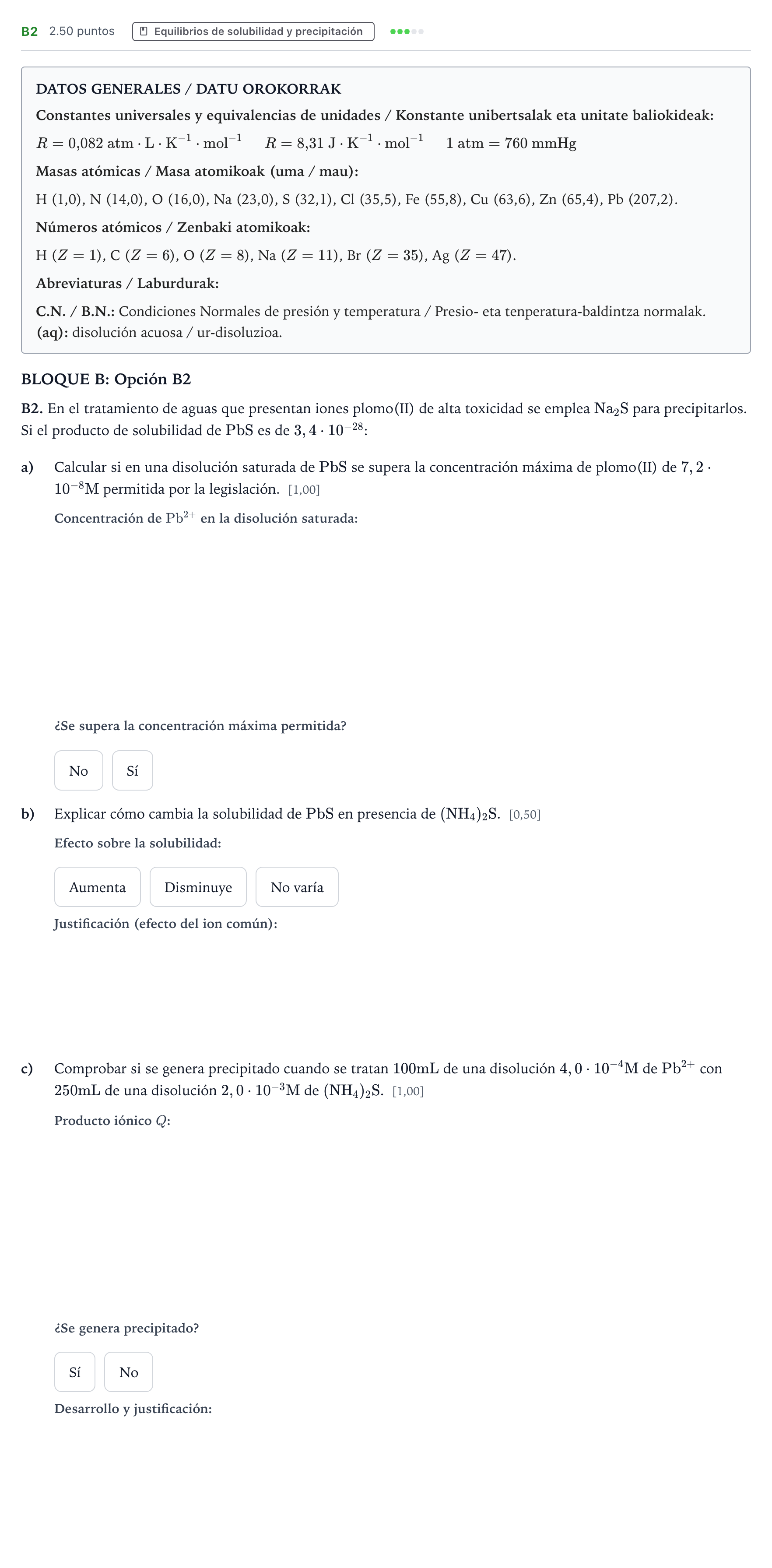 Enunciado: Ejercicio B2 · Química PAU País Vasco Ordinaria 2025