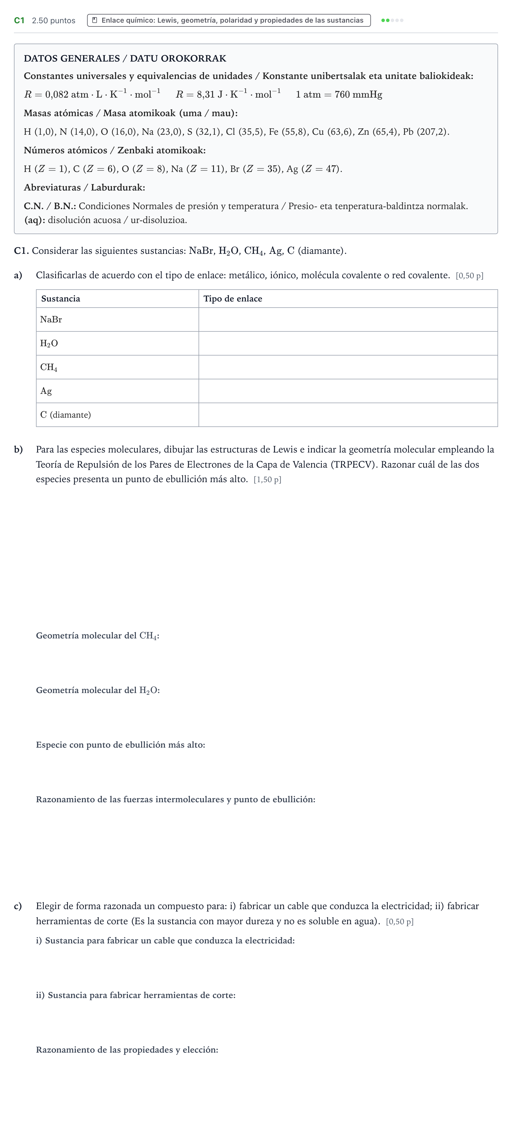 Enunciado: Ejercicio C1 · Química PAU País Vasco Ordinaria 2025