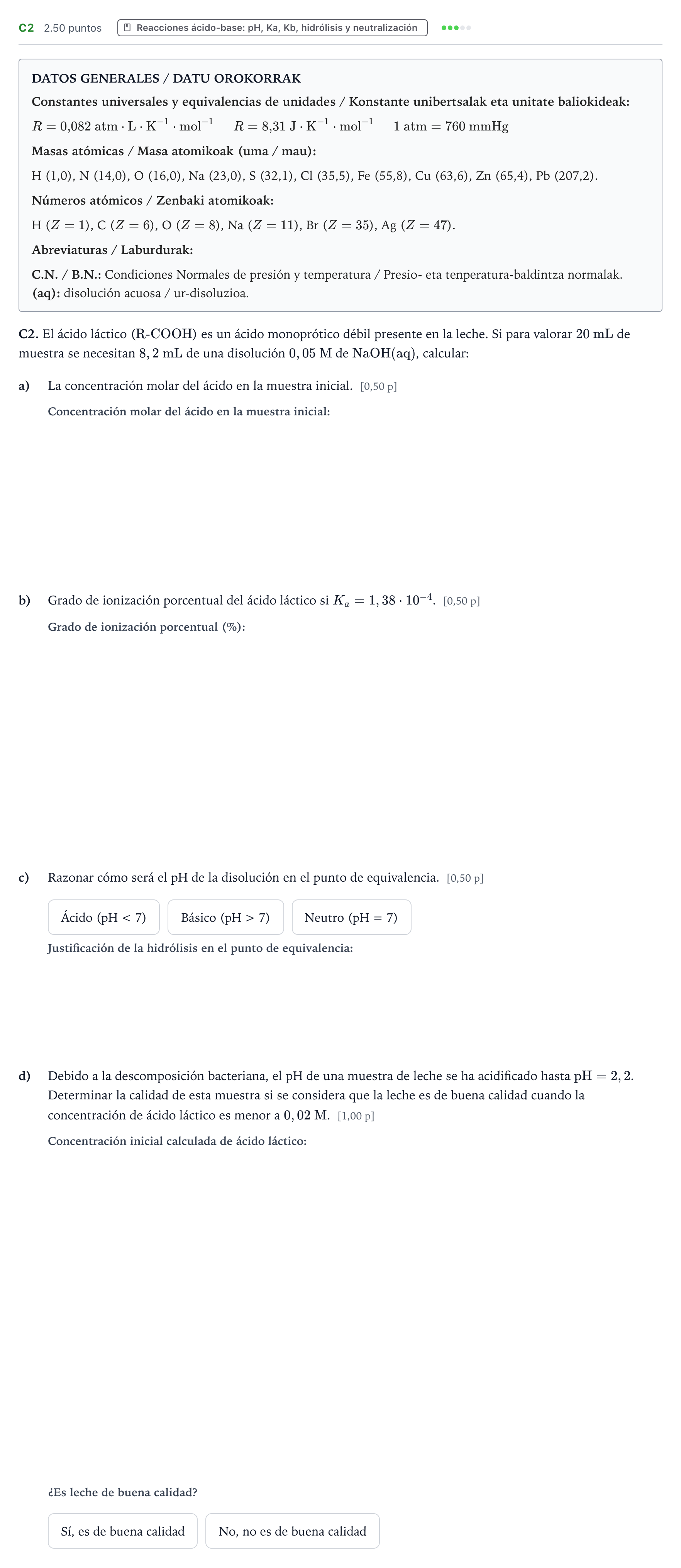 Enunciado: Ejercicio C2 · Química PAU País Vasco Ordinaria 2025