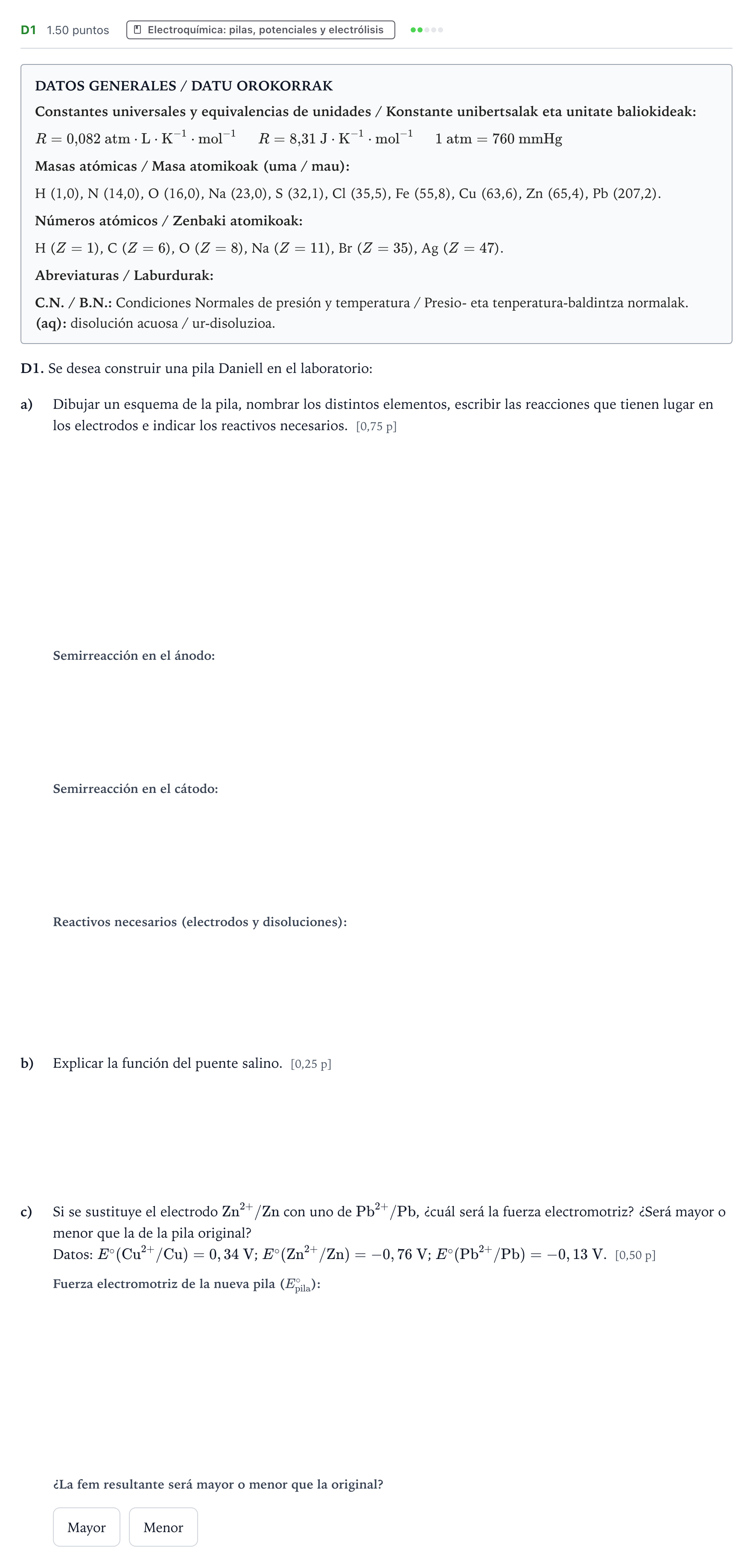 Enunciado: Ejercicio D1 · Química PAU País Vasco Ordinaria 2025