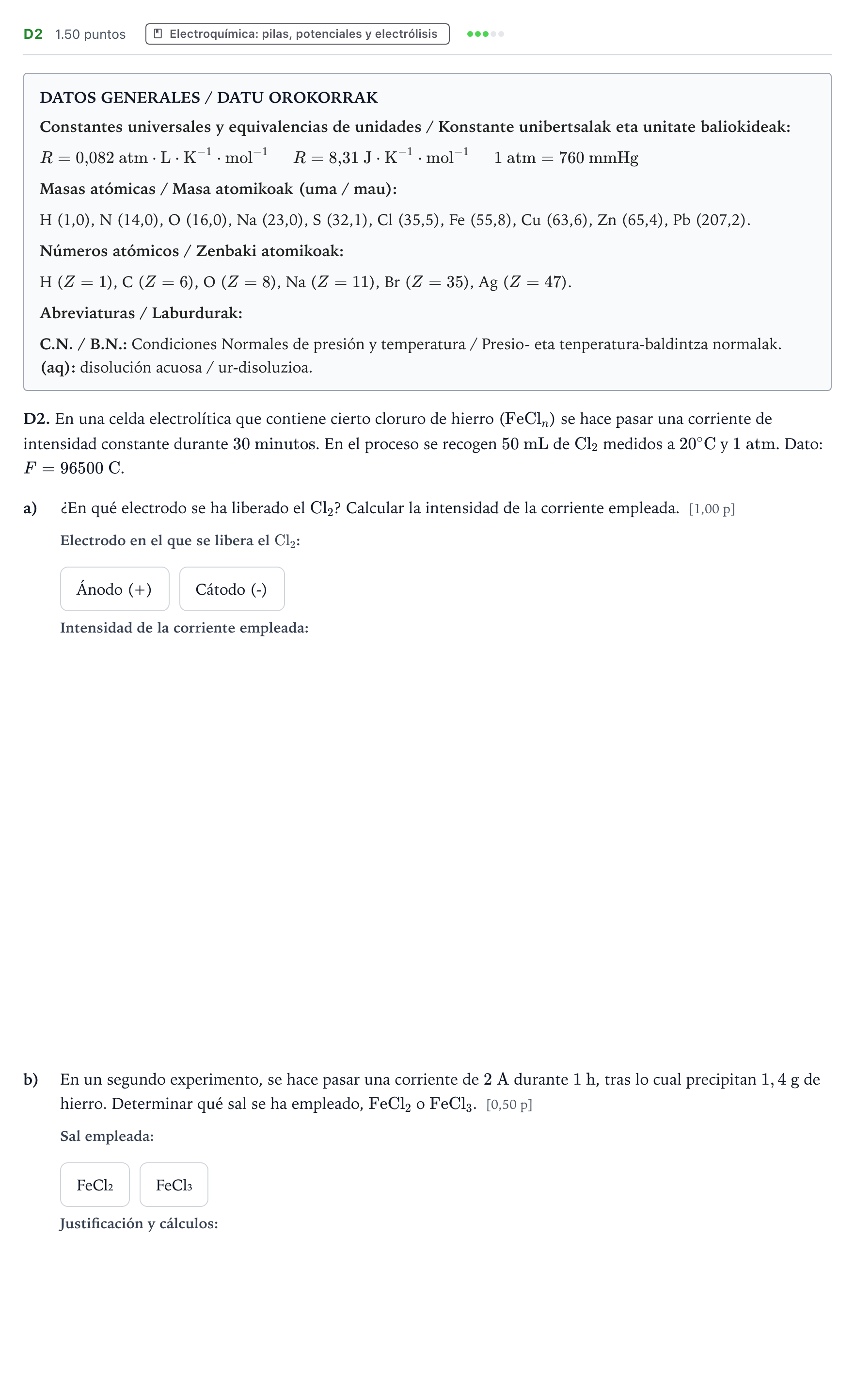 Enunciado: Ejercicio D2 · Química PAU País Vasco Ordinaria 2025