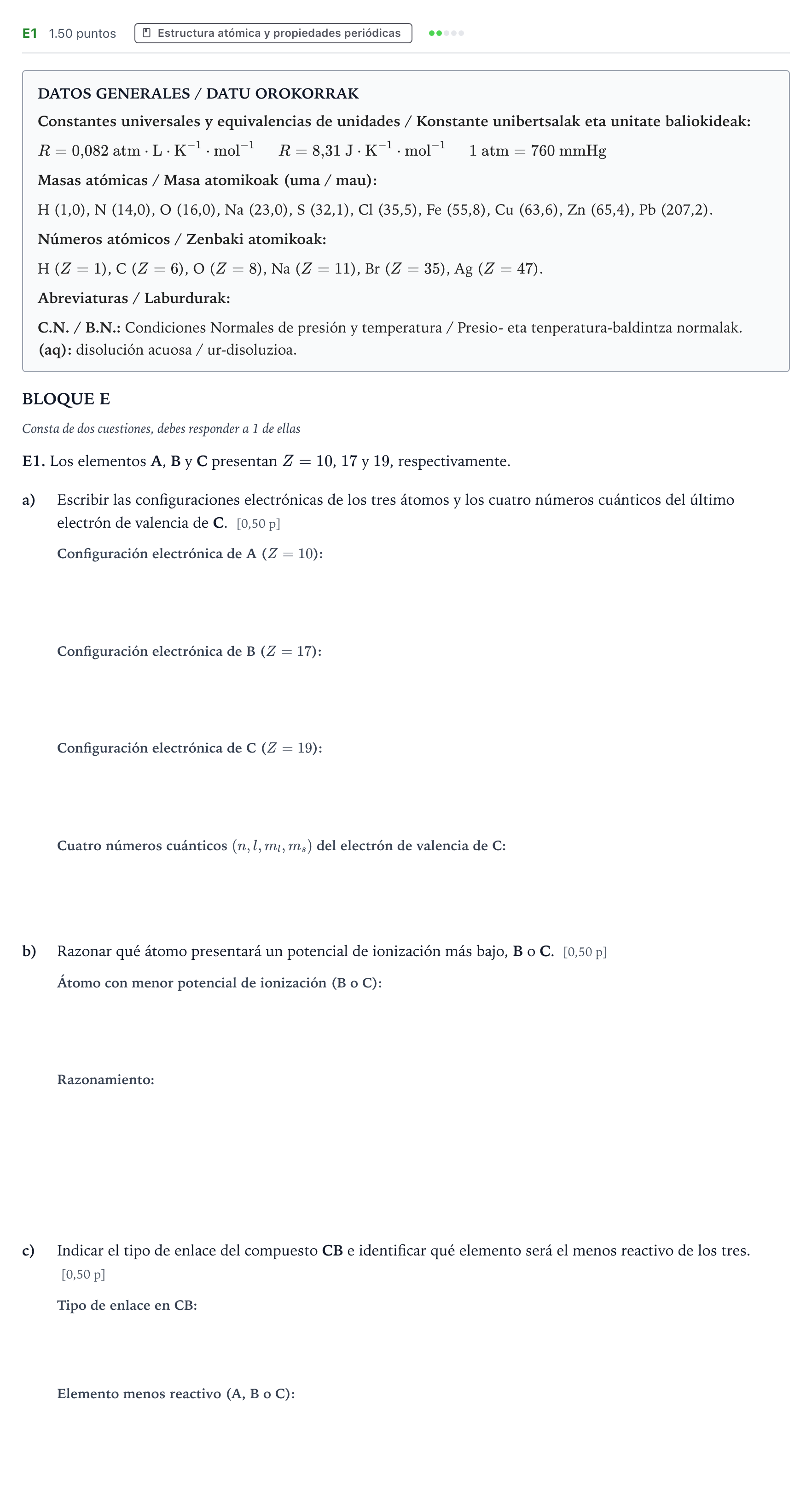 Enunciado: Ejercicio E1 · Química PAU País Vasco Ordinaria 2025