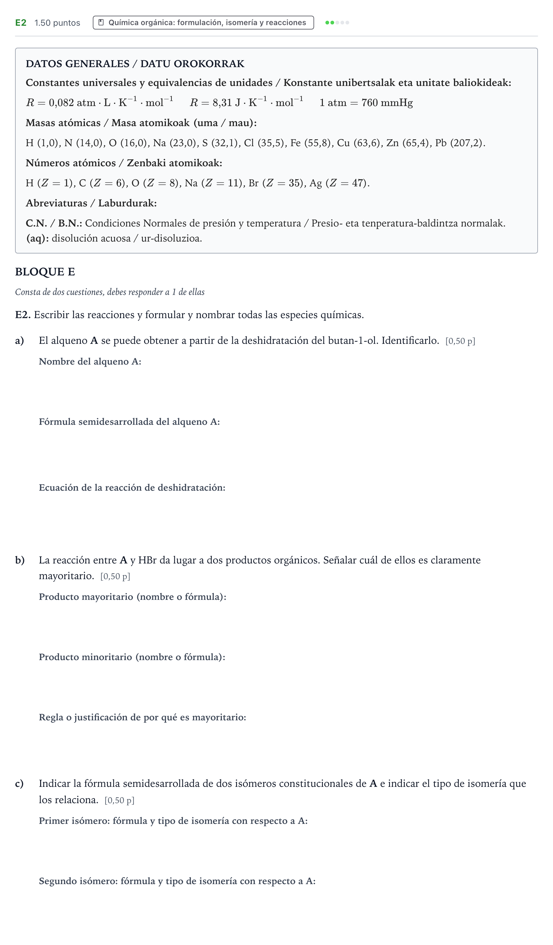Enunciado: Ejercicio E2 · Química PAU País Vasco Ordinaria 2025