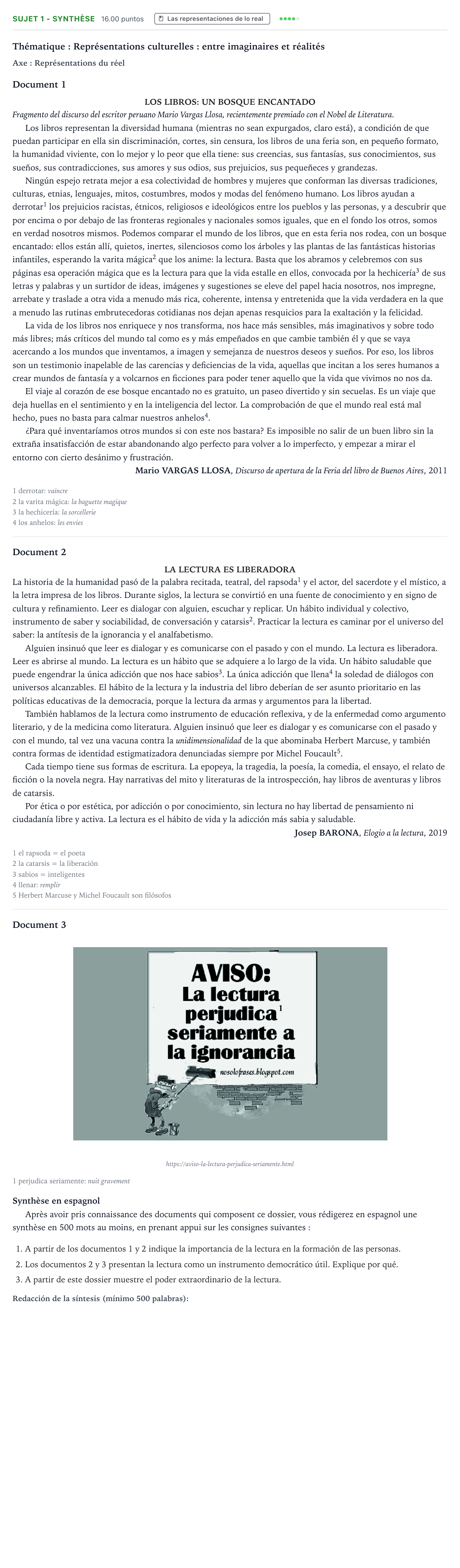 Énoncé: Sujet 1 - Synthèse · Bac Espagnol Métropole Candidat libre 2021 (sujet 2)