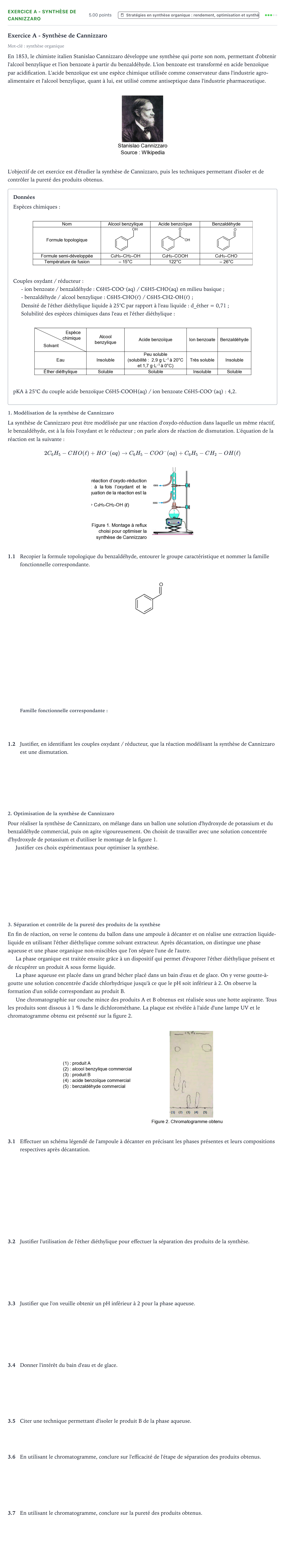 Énoncé: Exercice A - Synthèse de Cannizzaro · Bac Physique-Chimie Métropole Candidat libre 2021 (sujet 1)