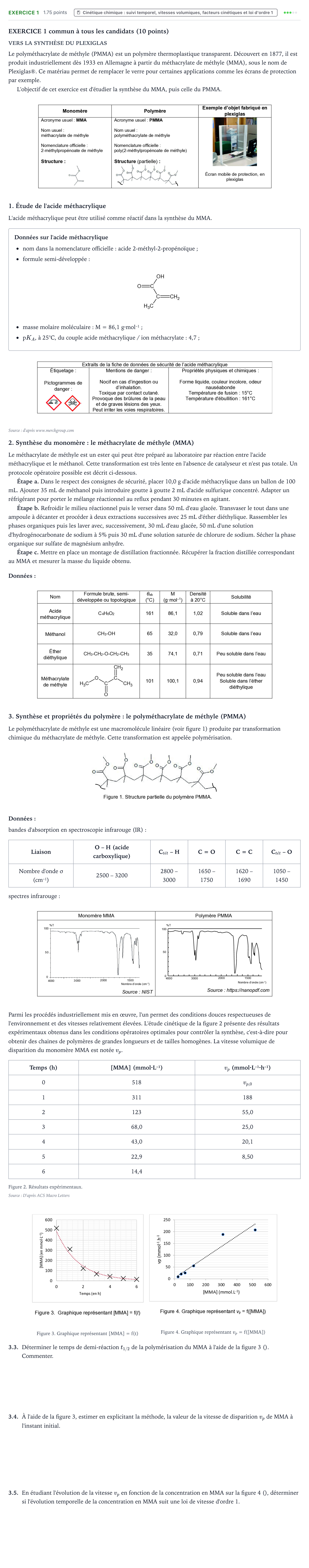Énoncé: Exercice 1 - Cinétique chimique · Bac Physique-Chimie Métropole Candidat libre 2021 (sujet 2)