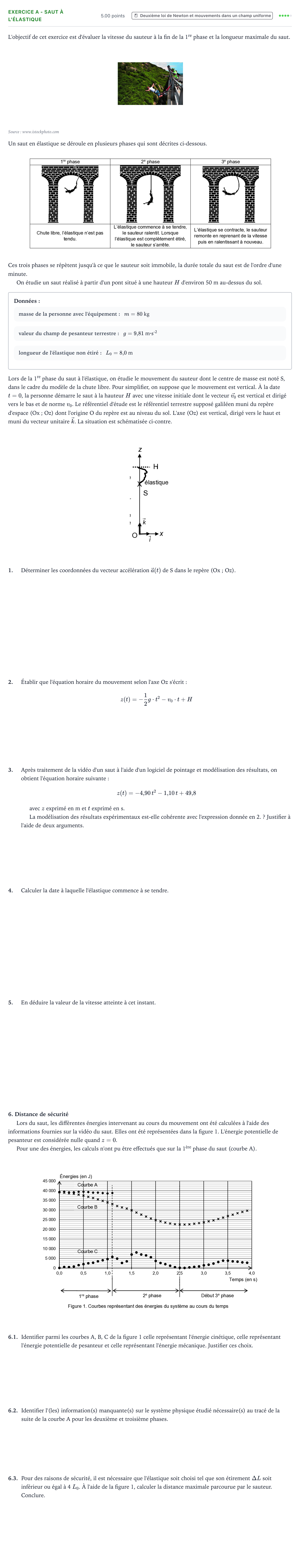 Énoncé: Exercice A - Saut à l'élastique · Bac Physique-Chimie Métropole Candidat libre 2021 (sujet 2)