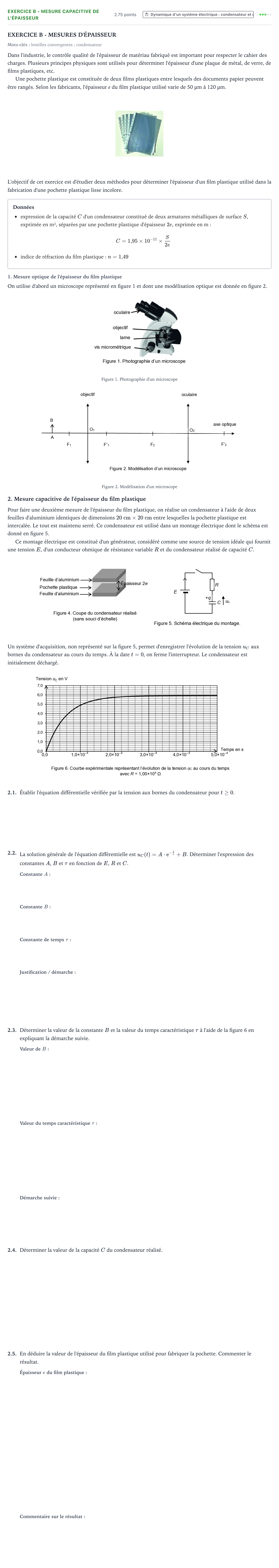 Énoncé: Exercice B - Mesure capacitive de l'épaisseur · Bac Physique-Chimie Métropole Candidat libre 2021 (sujet 2)