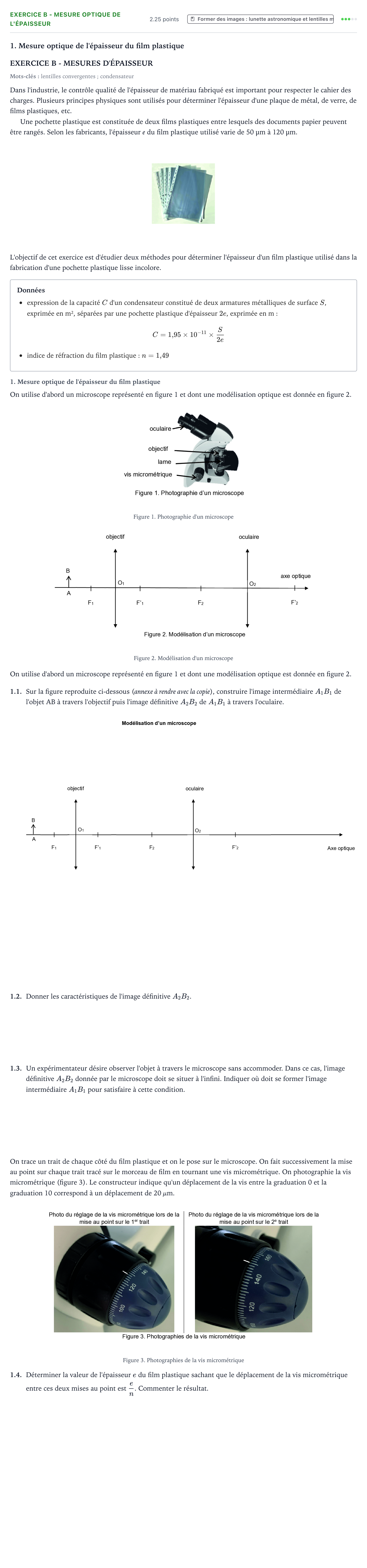 Énoncé: Exercice B - Mesure optique de l'épaisseur · Bac Physique-Chimie Métropole Candidat libre 2021 (sujet 2)