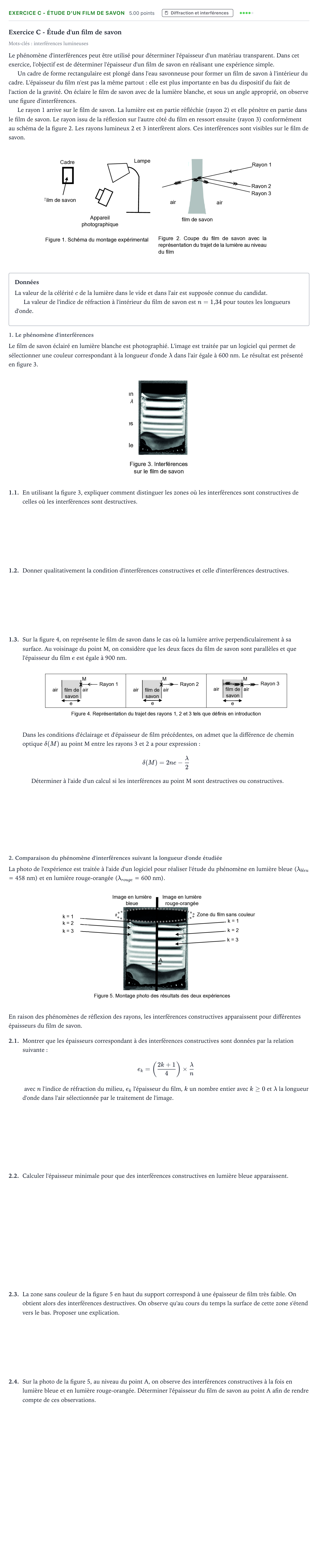 Énoncé: Exercice C - Étude d'un film de savon · Bac Physique-Chimie Métropole Candidat libre 2021 (sujet 2)