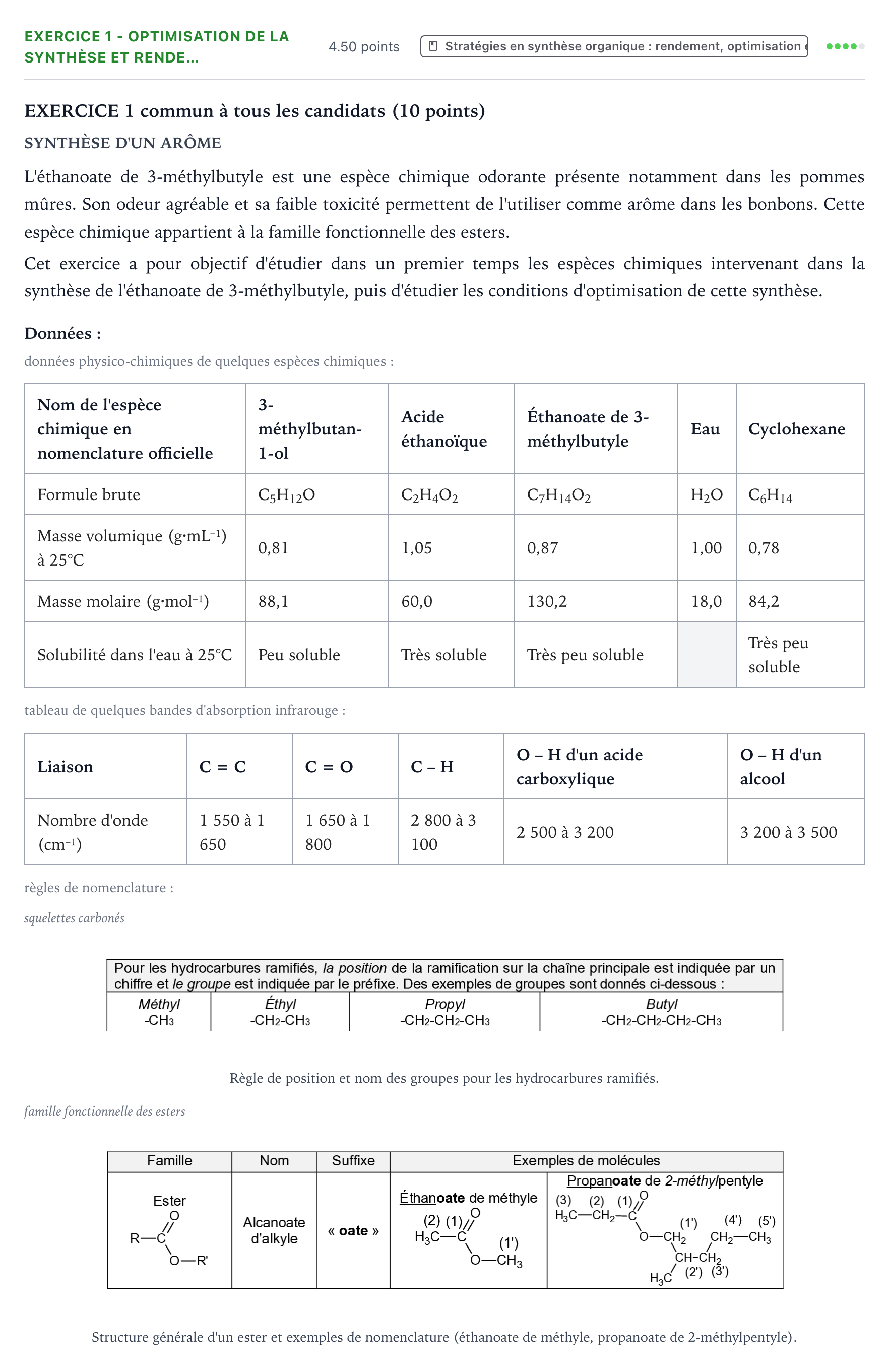 Énoncé: Exercice 1 - Optimisation de la synthèse et rende… · Bac Physique-Chimie Métropole 1 remplacement 2021