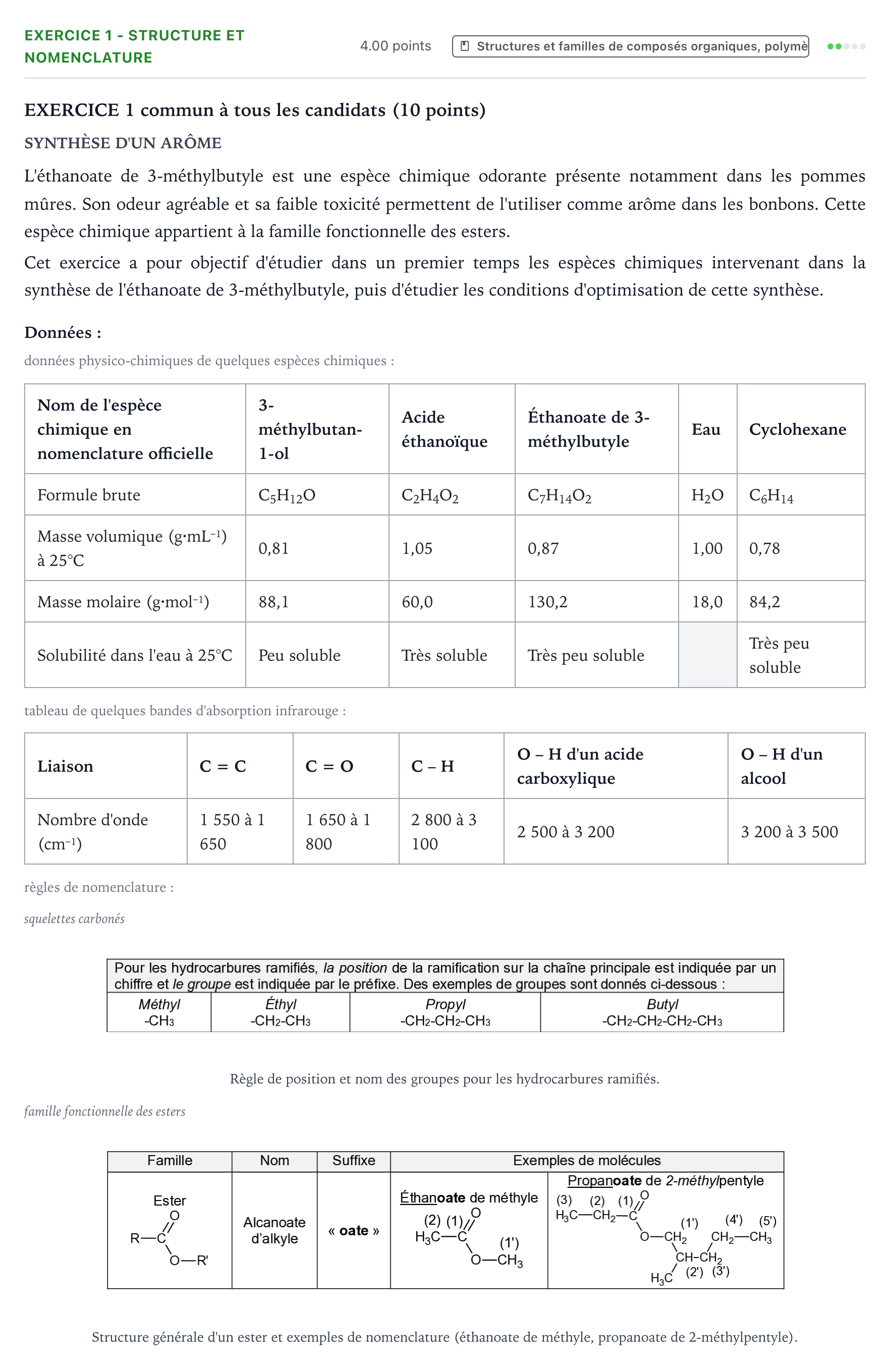 Énoncé: Exercice 1 - Structure et nomenclature · Bac Physique-Chimie Métropole 1 remplacement 2021