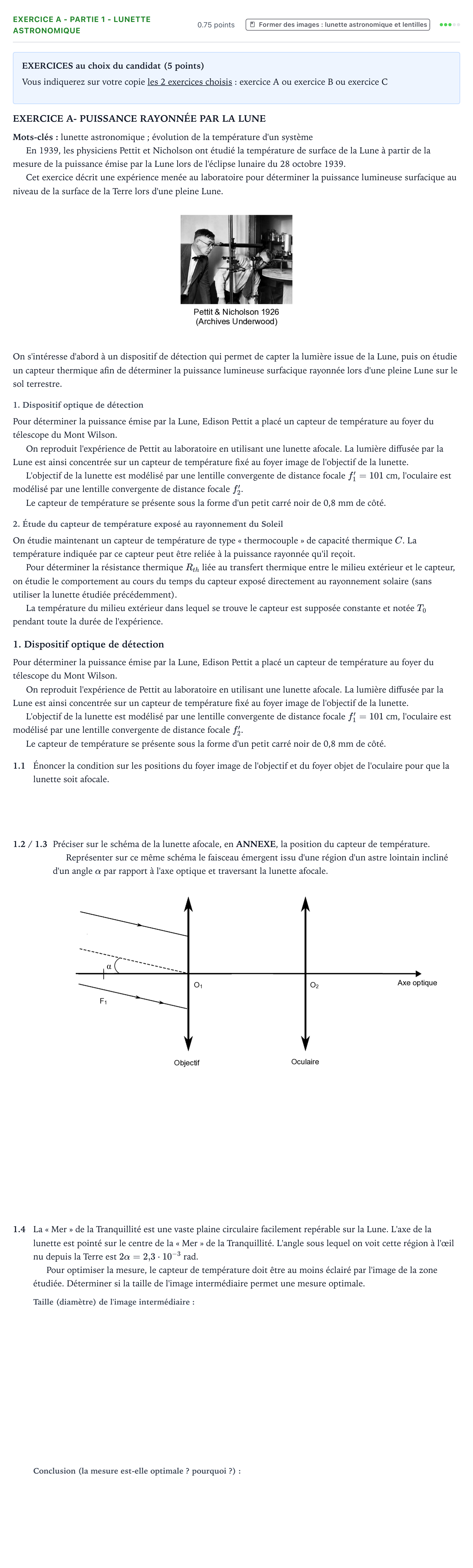 Énoncé: Exercice A - Partie 1 - Lunette astronomique · Bac Physique-Chimie Métropole 1 remplacement 2021
