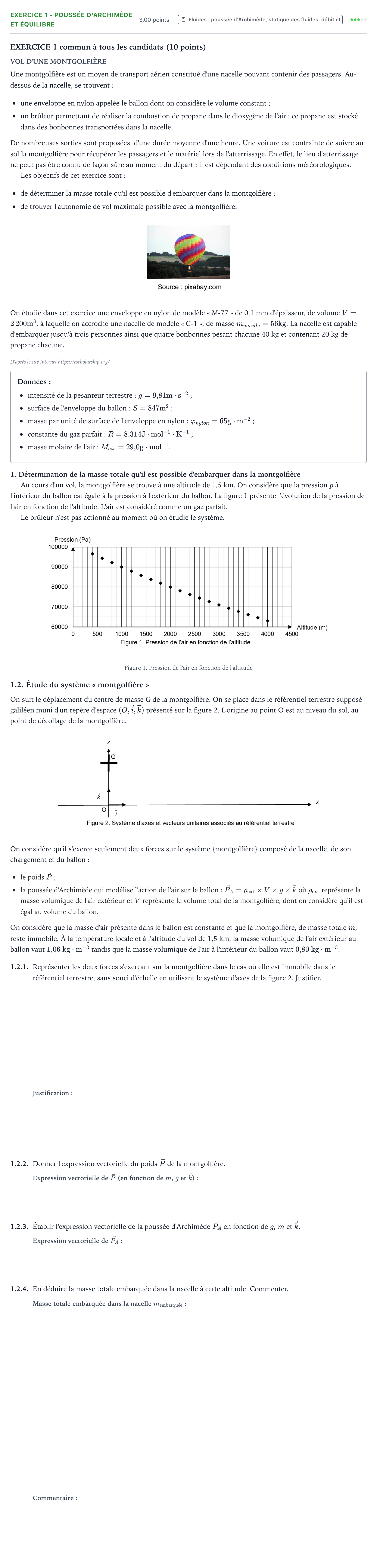 Énoncé: Exercice 1 - Poussée d'Archimède et équilibre · Bac Physique-Chimie Métropole 2 remplacement 2021