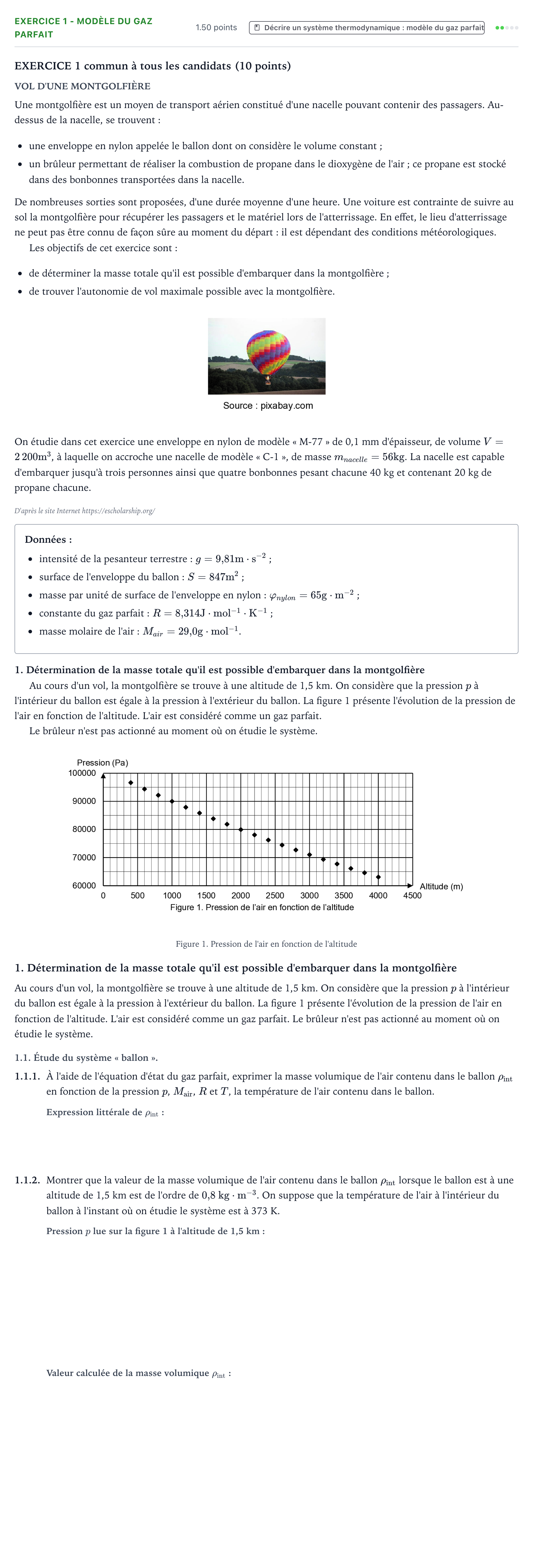 Énoncé: Exercice 1 - Modèle du gaz parfait · Bac Physique-Chimie Métropole 2 remplacement 2021