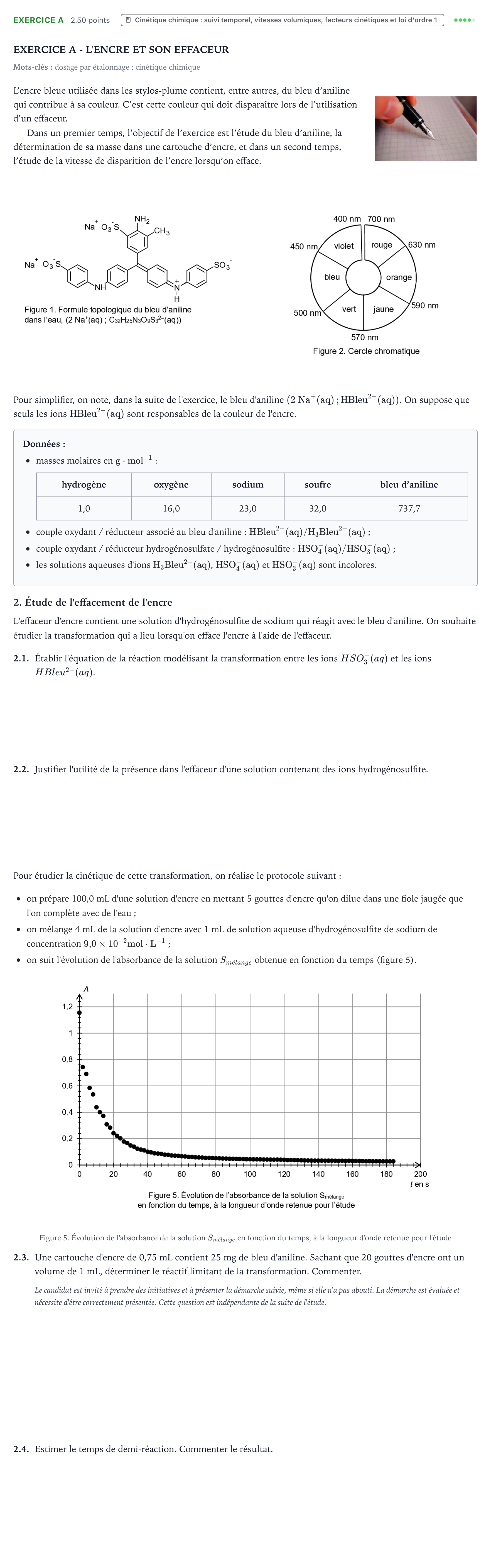 Énoncé: Exercice A - Cinétique chimique · Bac Physique-Chimie Métropole 2 remplacement 2021